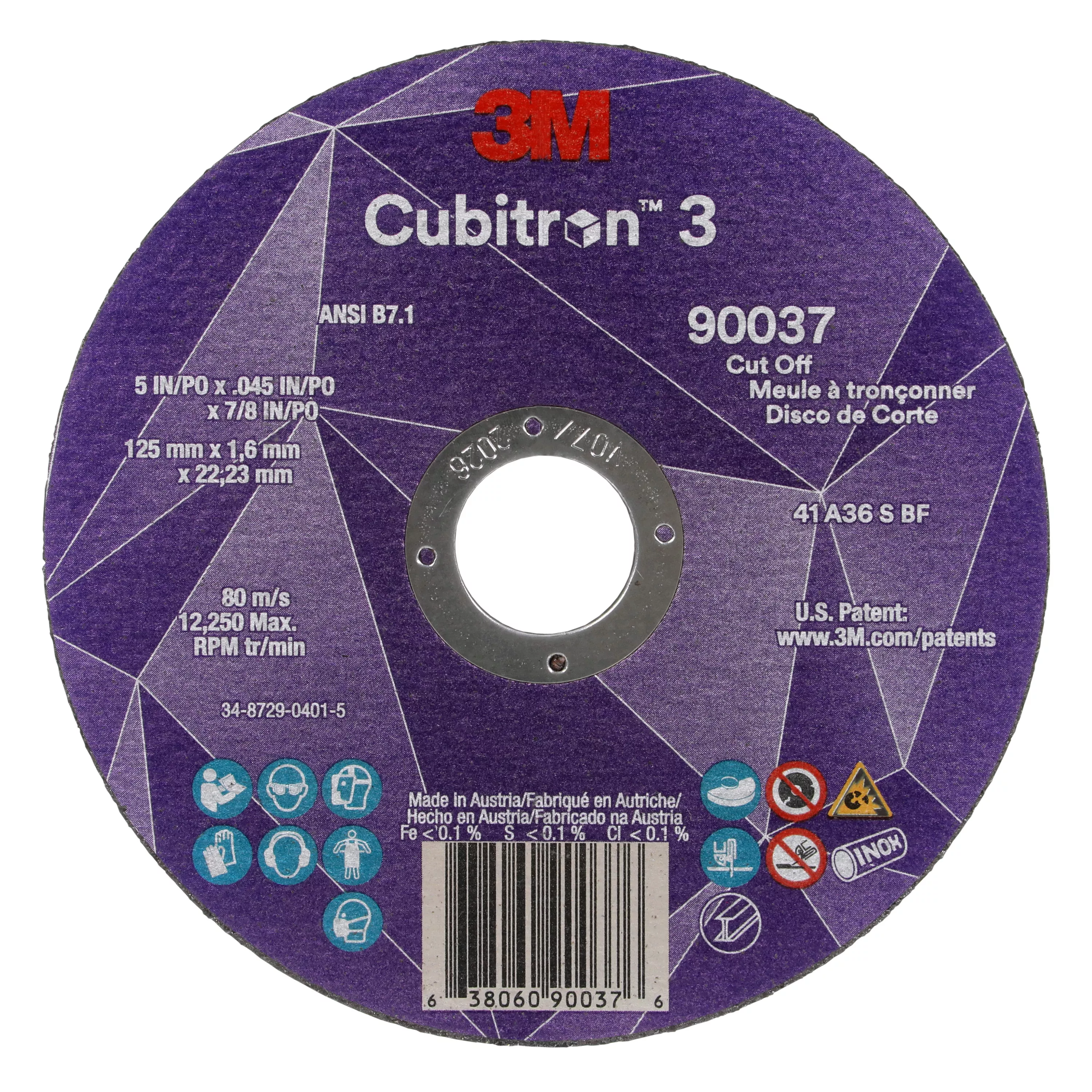 3M™ Cubitron™ 3 Cut-Off Wheel, 90037, 36+, T1, 5 in x 0.045 in x 7/8 in
(125 x 1.6 x 22.23 mm), ANSI, 25/Pack, 50 ea/Case