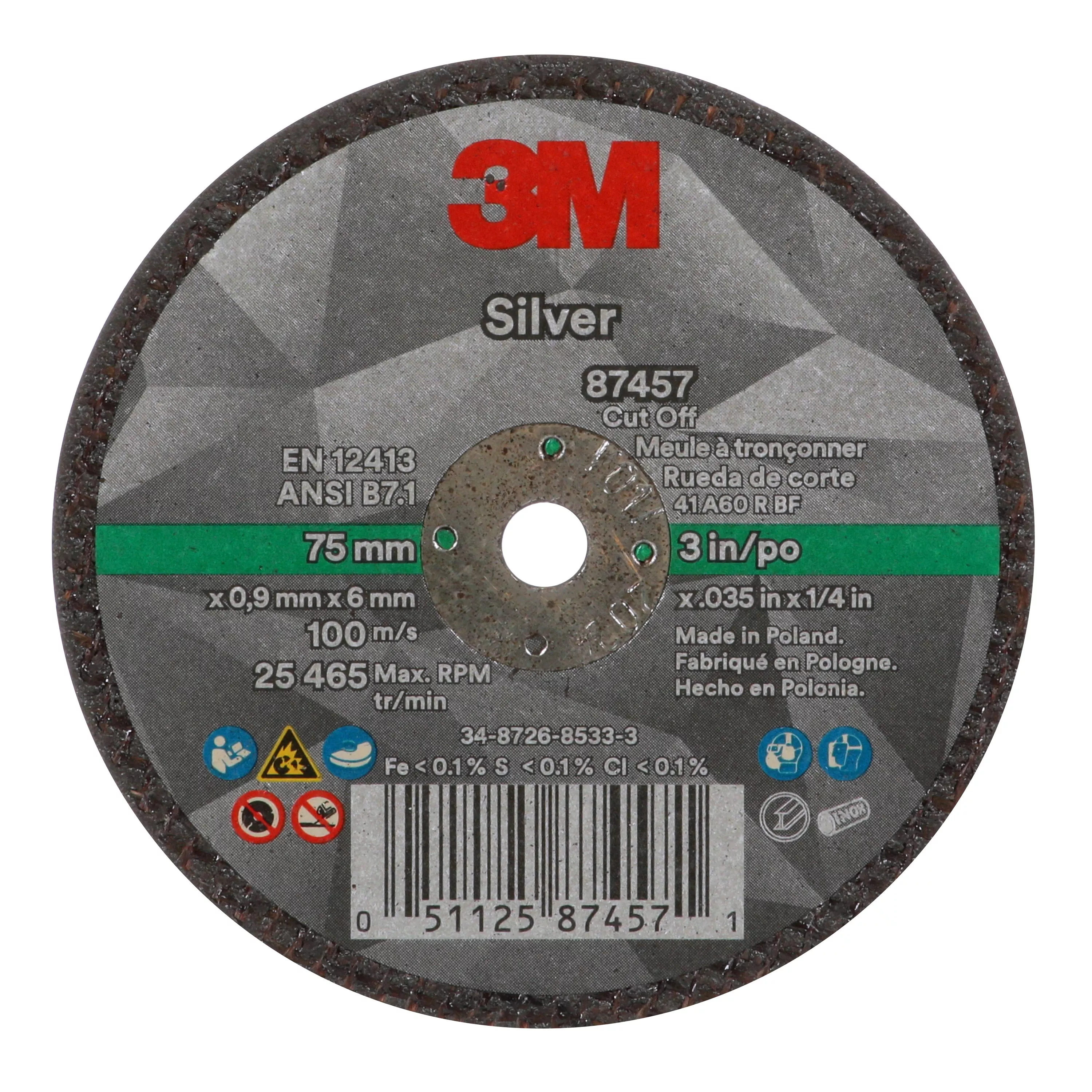 3M™ Silver Cut-Off Wheel, 87457, T1, 3 in x .035 in x 1/4 in, 50 ea/Case