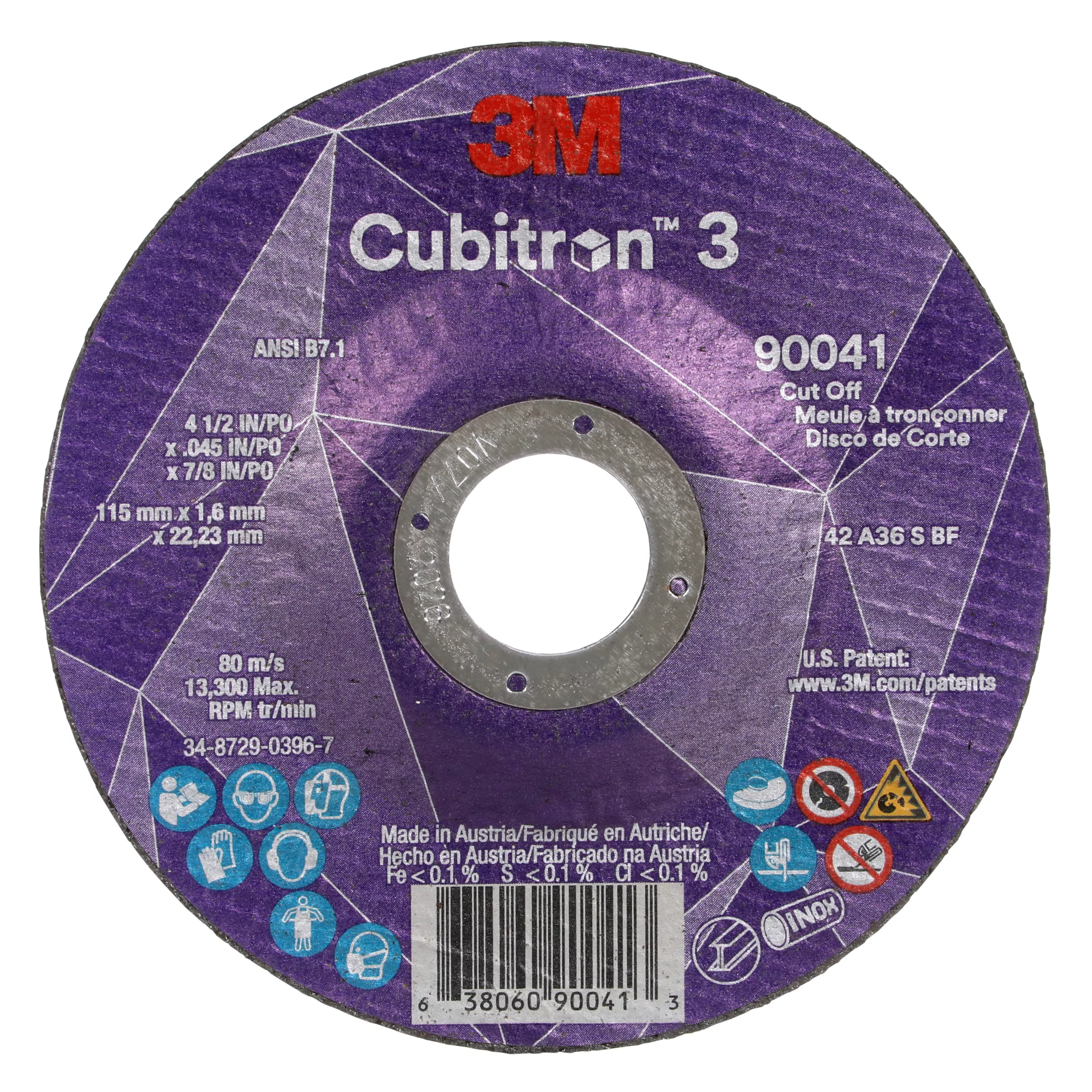 3M™ Cubitron™ 3 Cut-Off Wheel, 90041, 36+, T27, 4-1/2 in x 0.045 in x
7/8 in (115 x 1.6 x 22.23 mm), ANSI, 25/Pack, 50 ea/Case