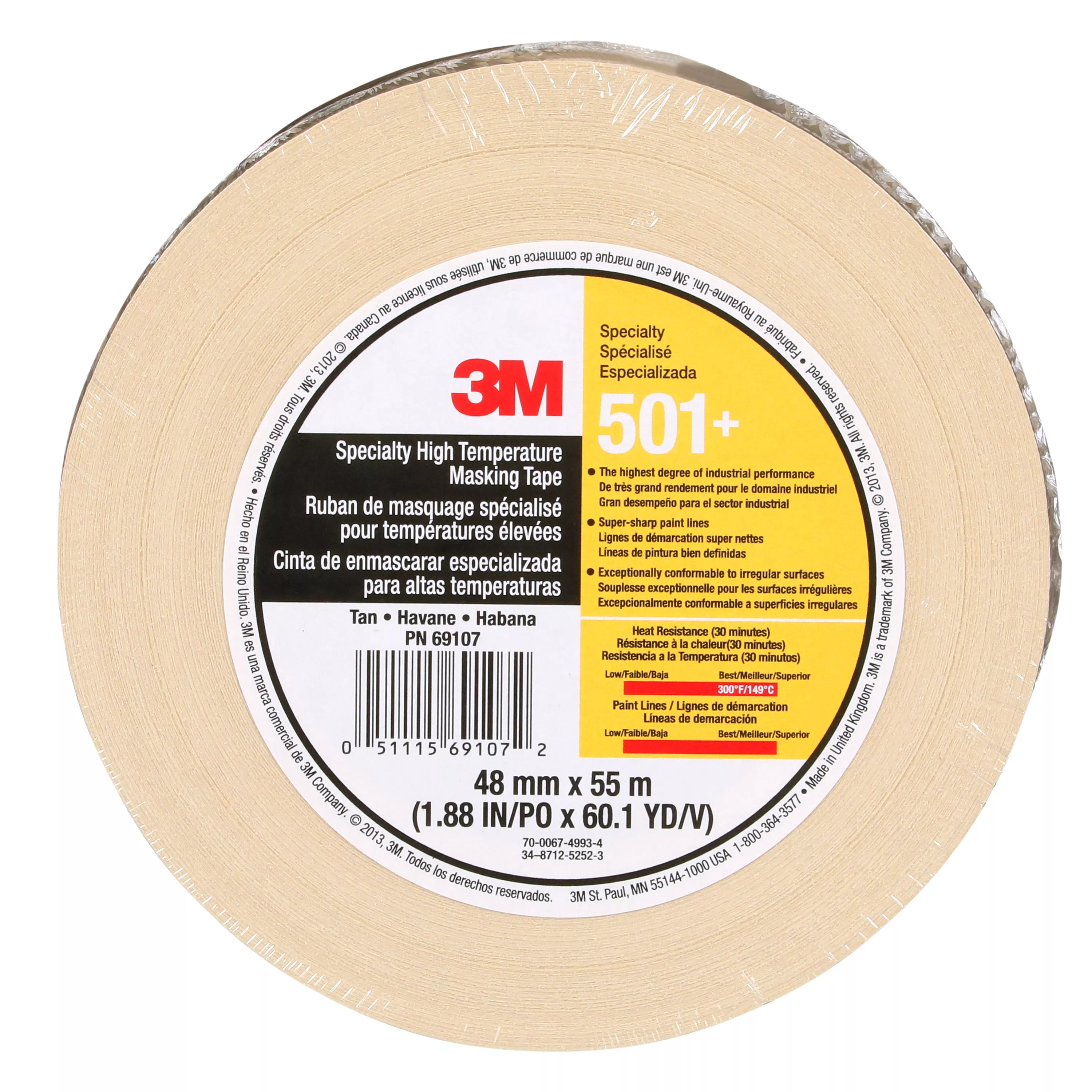 3M™ Specialty High Temperature Masking Tape 501+, Tan, 48 mm x 55 m,
24/Case, Individually Wrapped Conveniently Packaged
