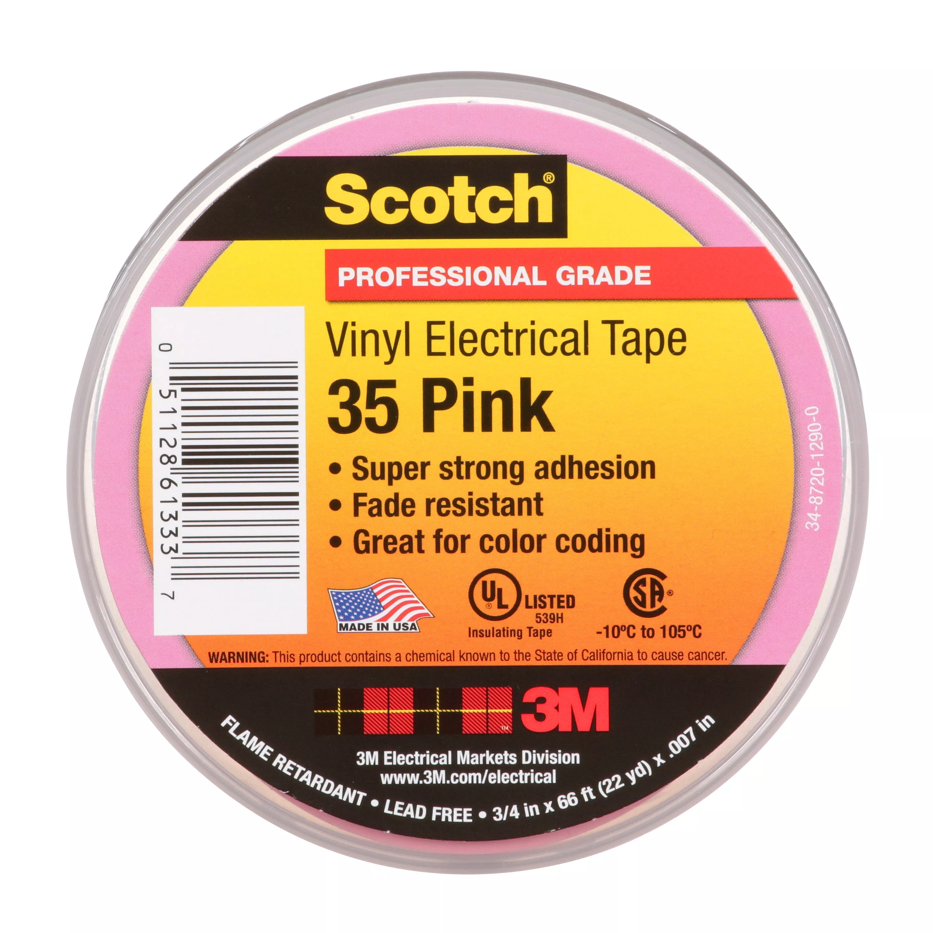 Scotch® Vinyl Color Coding Electrical Tape 35, 3/4 in x 66 ft, Pink, 10
rolls/carton, 100 rolls/Case