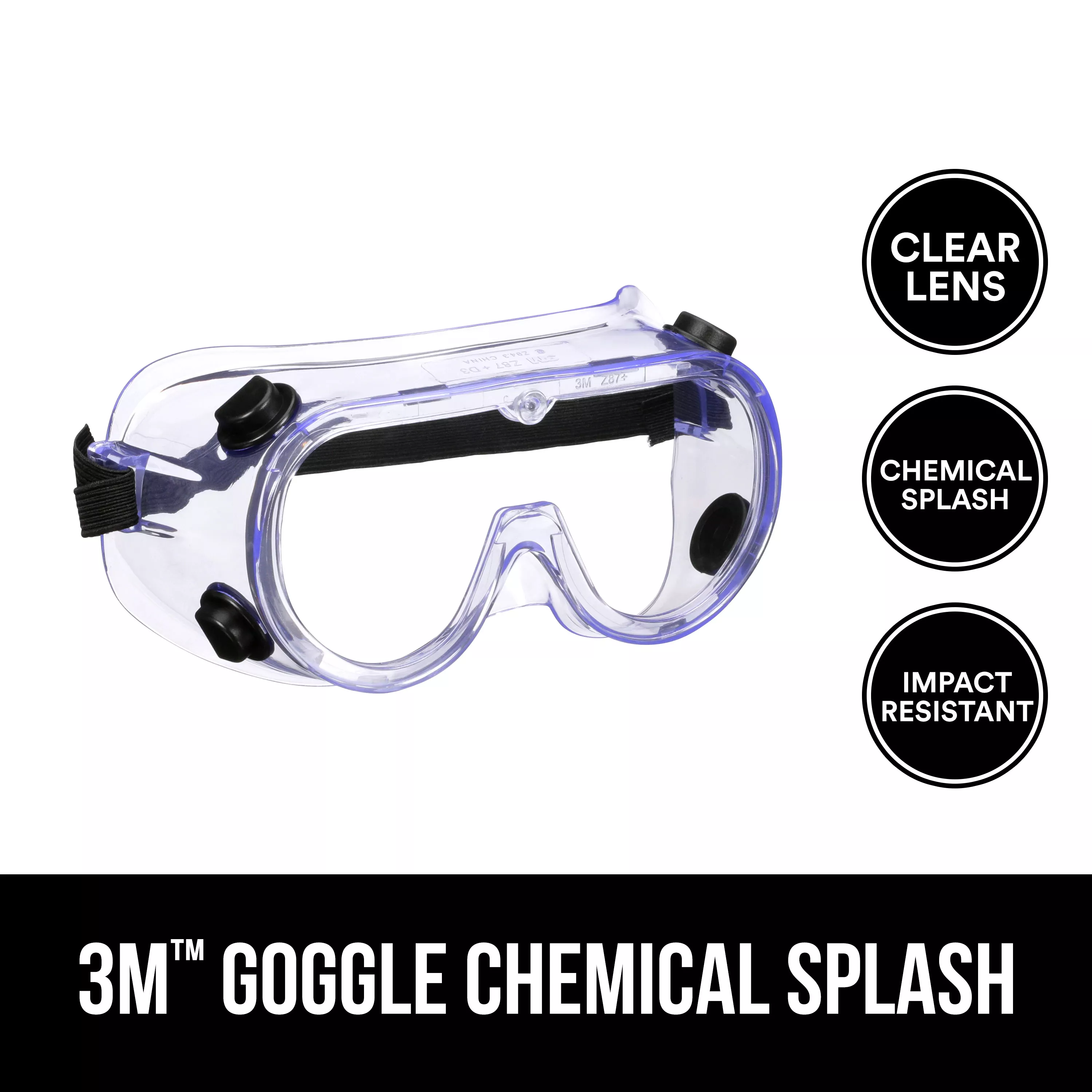 3M™ Goggle Chemical Splash, 91252H1-DC-14, Black Strap, Clear Lens,
14/case