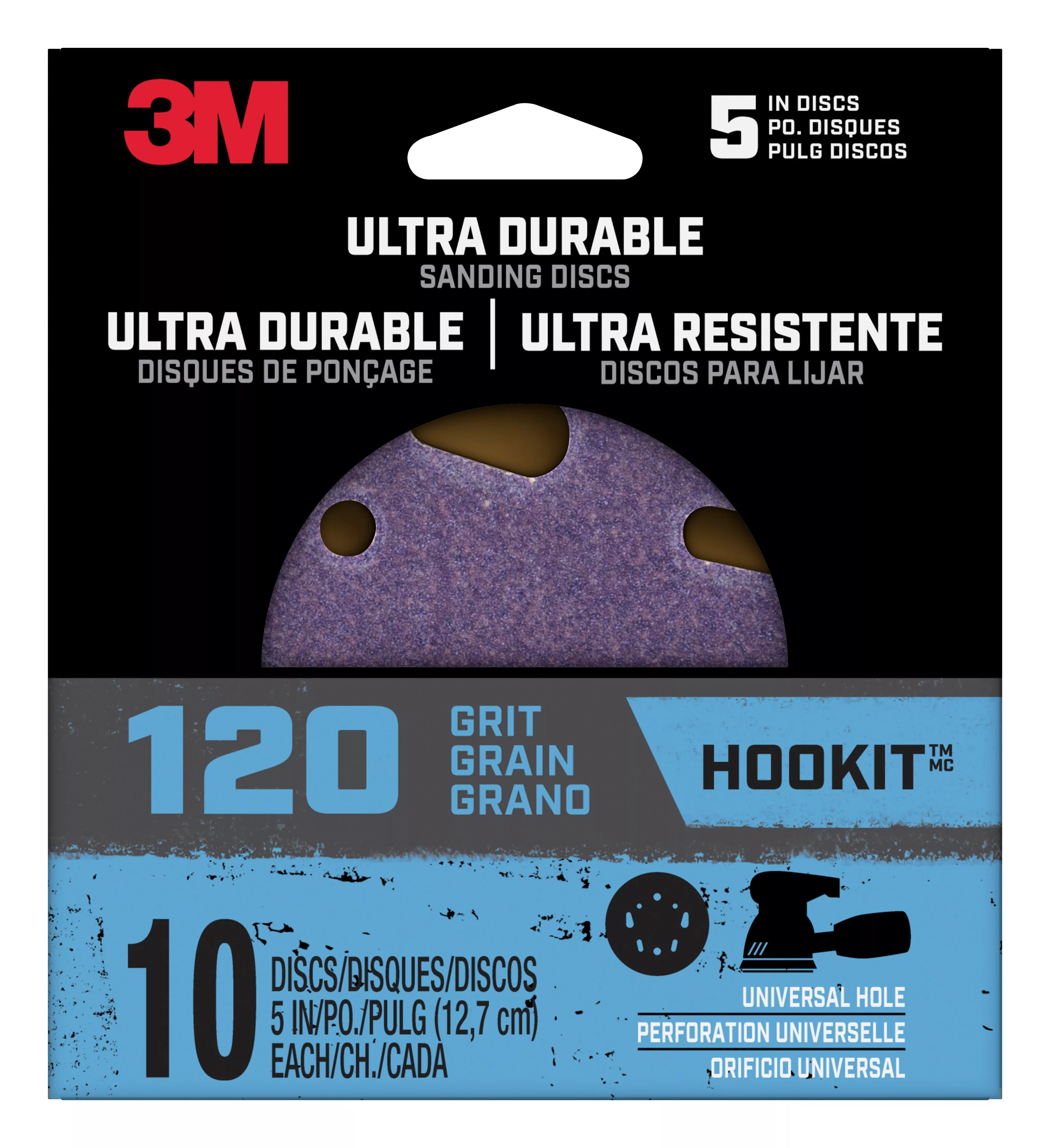 3M™ Ultra Durable 5 inch Power Sanding Discs, Universal Hole, 120 grit,
Disc5in10pk120, 10/pk, 12pks/cs