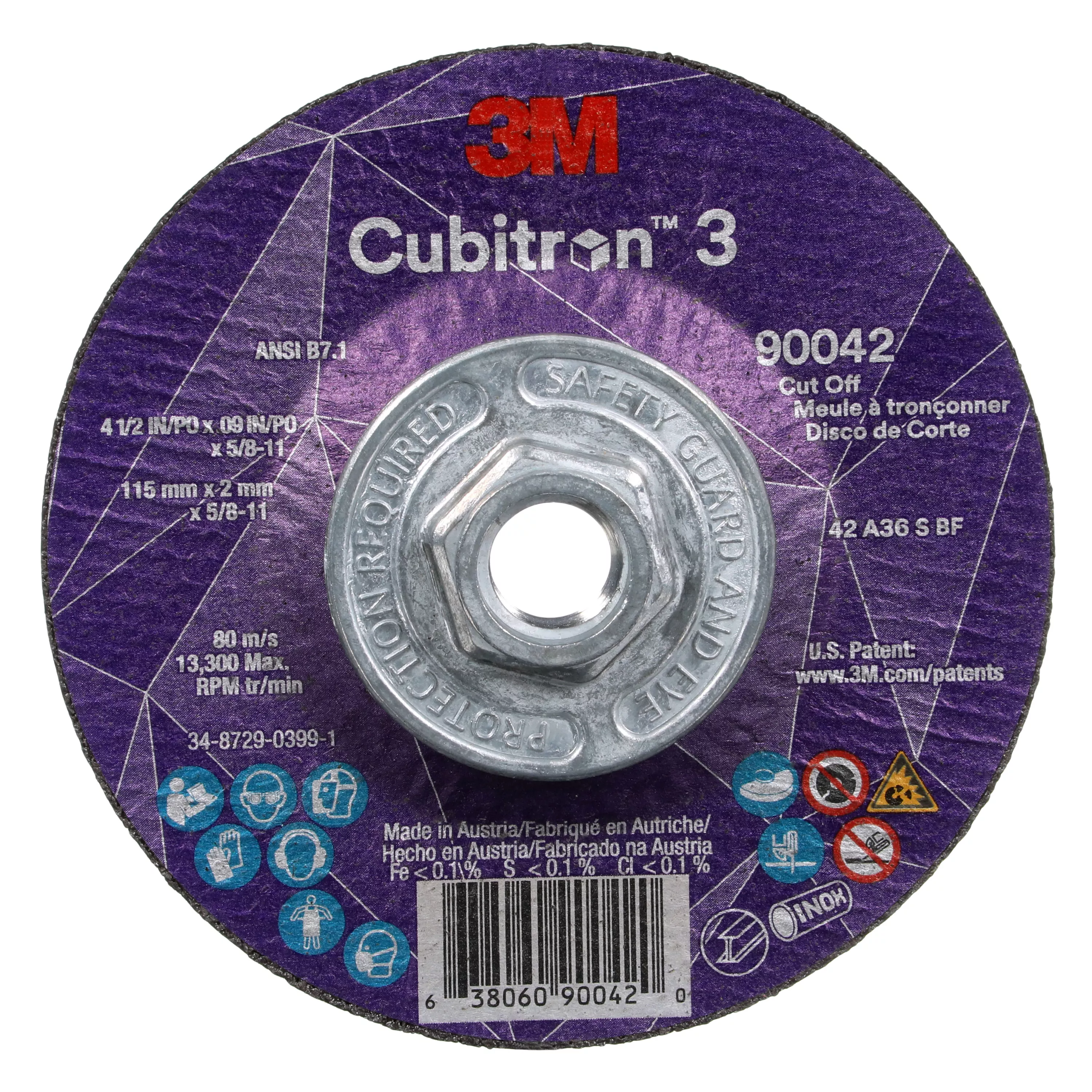 3M™ Cubitron™ 3 Cut-Off Wheel, 90042, 36+, T27, 4-1/2 in x 0.09 in x 5/8
in-11 (115 x 2 mm x 5/8-11 in), ANSI, 10 ea/Case