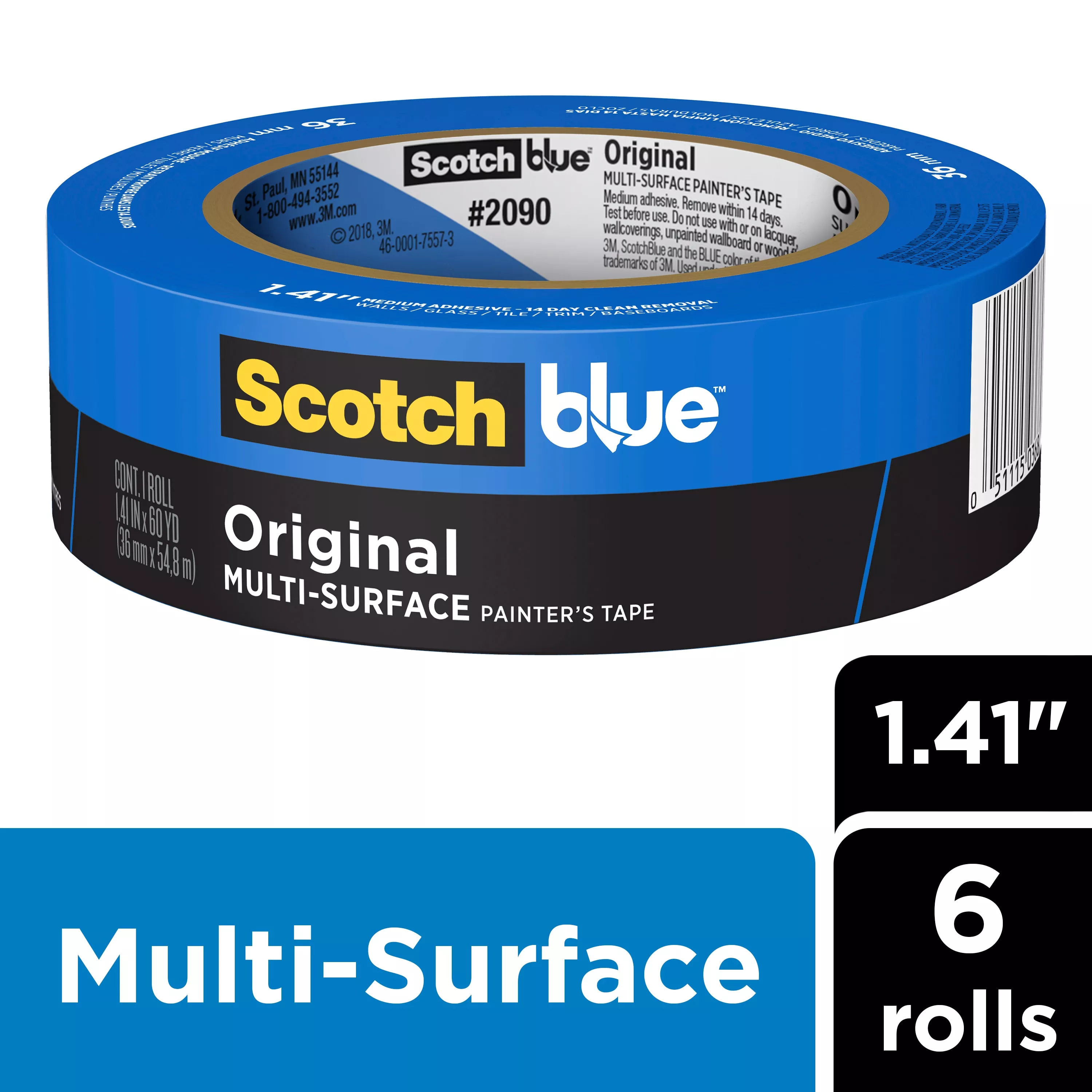 ScotchBlue™ Original Painter's Tape 2090-36QC6, 1.41 in x 60 yd (36 mm x 54.8 m), 6 rolls/pack