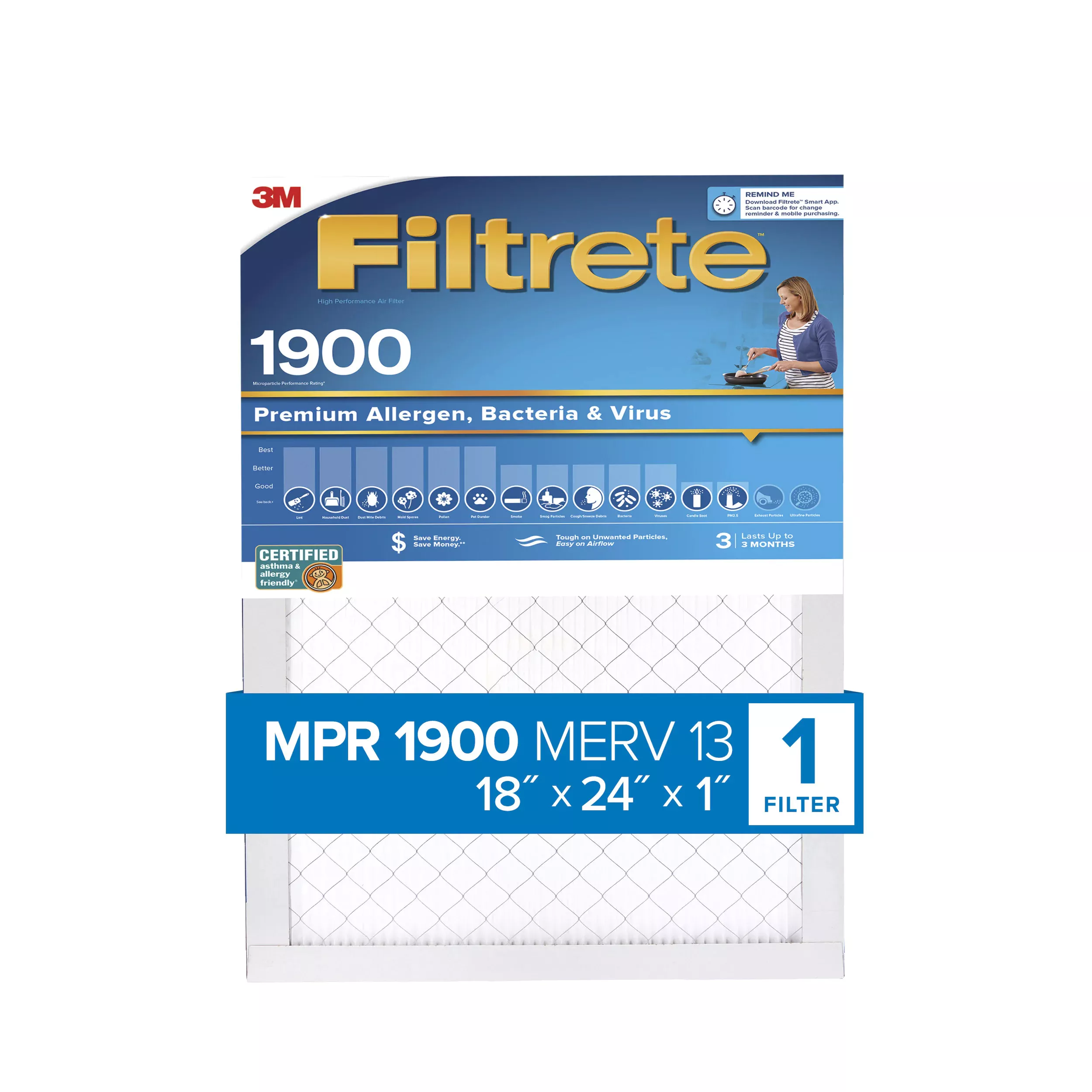 Filtrete™ Premium Allergen, Bacteria & Virus Air Filter, 1900 MPR,
UA21-4, 18 in x 24 in x 1 in (45,7 cm x 60,9 cm x 2,5 cm)