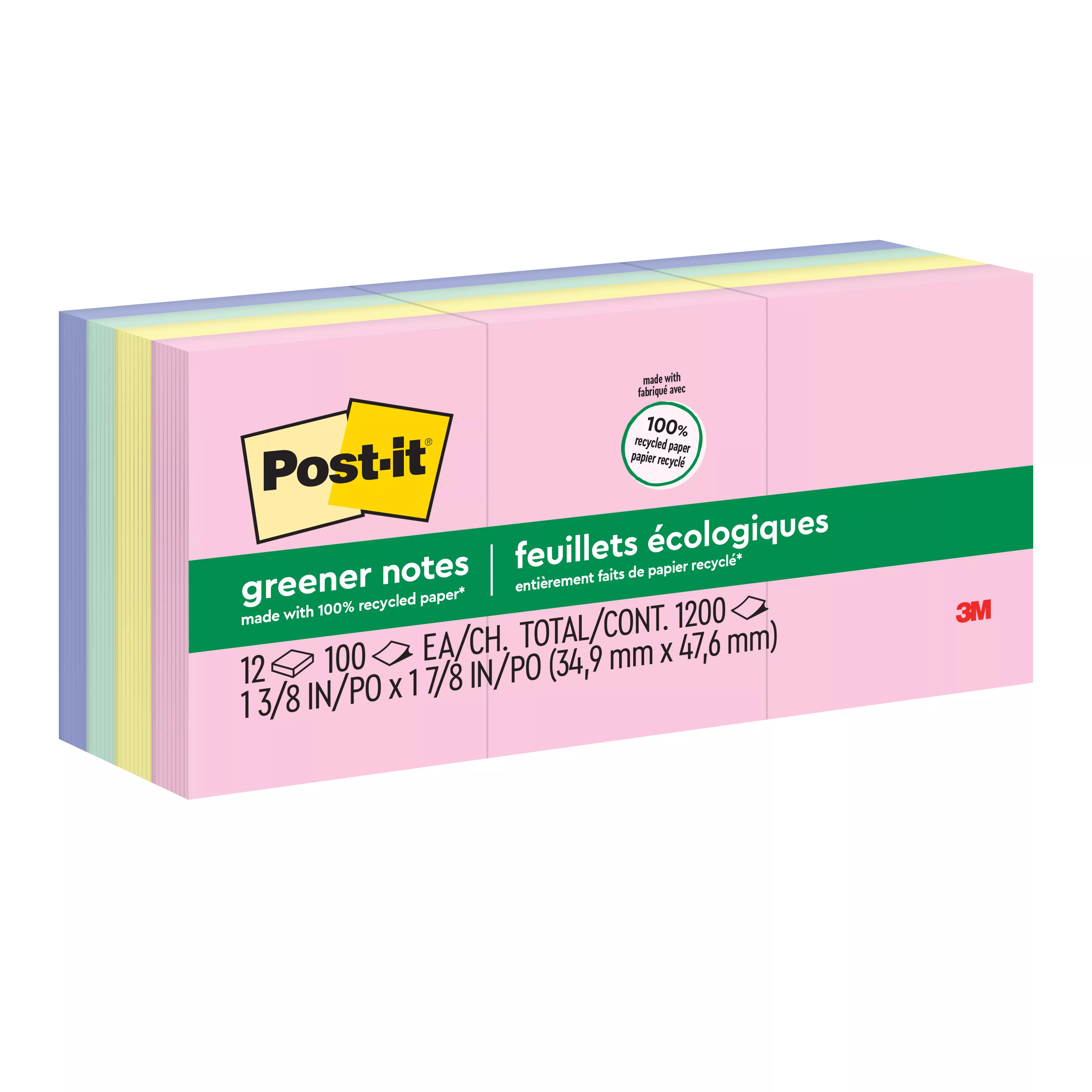 Post-it® Greener Notes 653-RP-A, 1 3/8 in x 1 7/8 in (34.9 mm x 47.6 mm), Helsinki colors