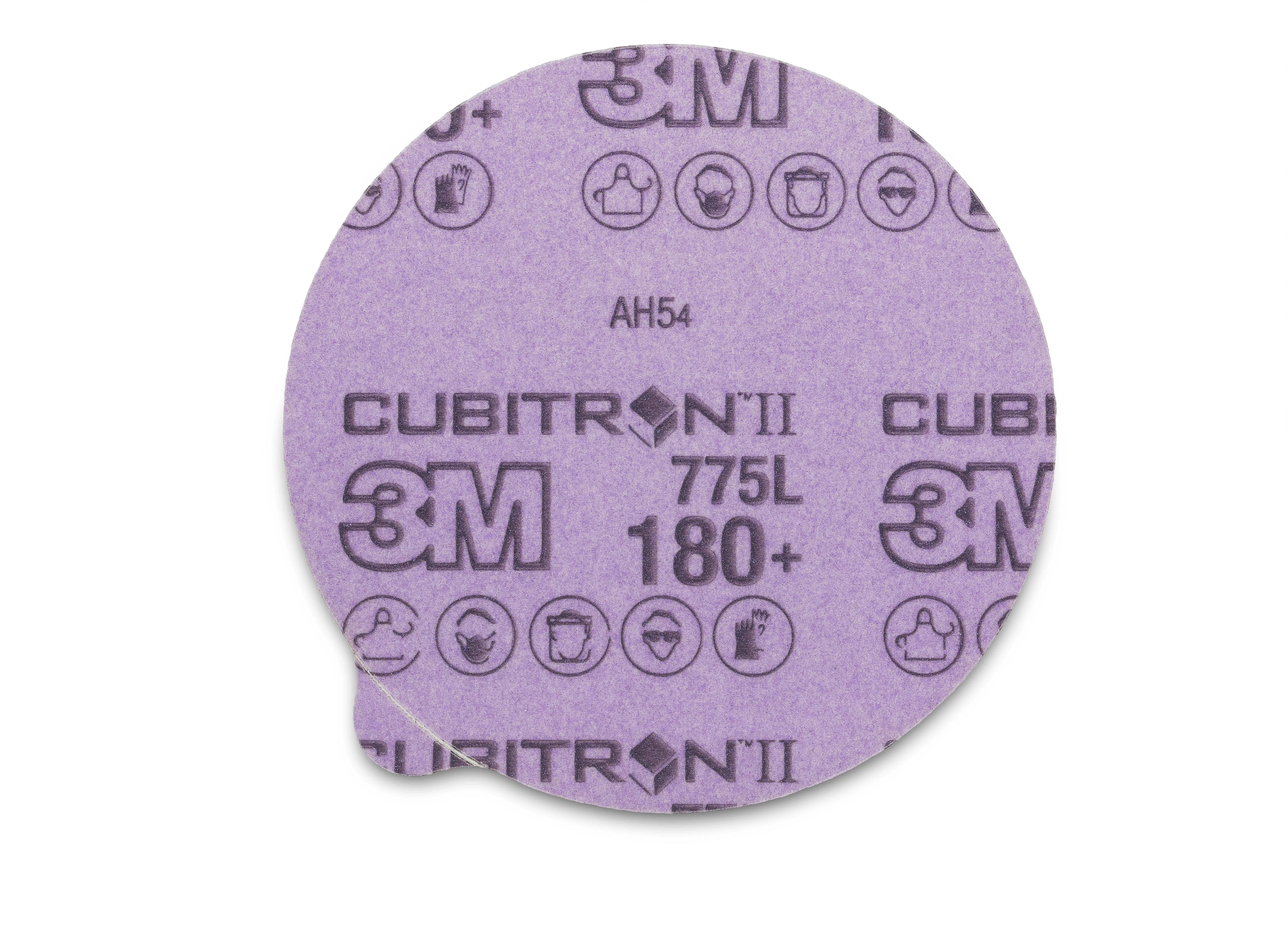 3M™ Cubitron™ II Stikit™ Film Disc 775L, 180+, 6 in x NH, Linered w/Tab,
Die 600Z, 50/Carton, 250 ea/Case