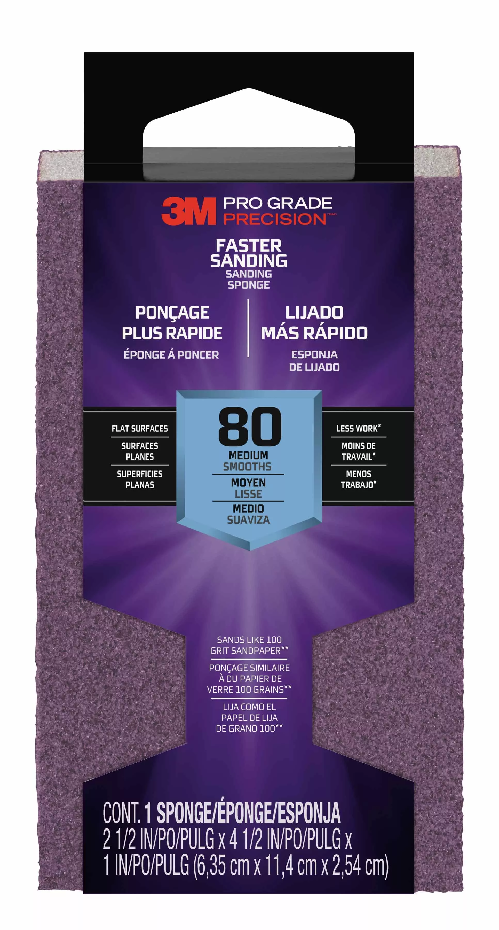 3M™ Pro Grade Precision™ Faster Sanding Block Sponge, 24000TRI-M-B, 2.5
in x 4.5 in x 1 in, 80 grit, Medium, 12/cs