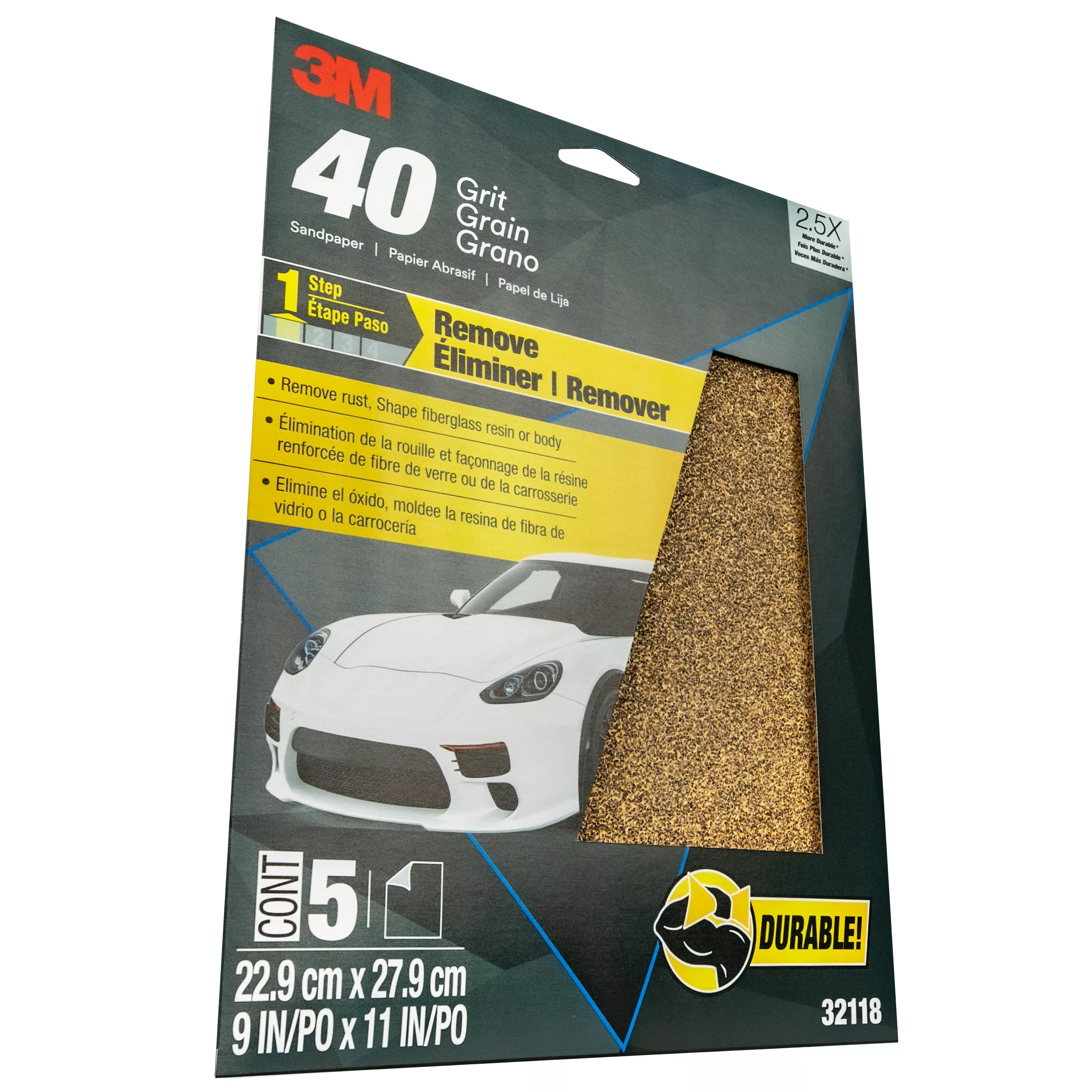 3M™ Sandpaper, 32118, 9 in x 11 in, 40 Grit, 5 sheets per pack, 20 packs
per case