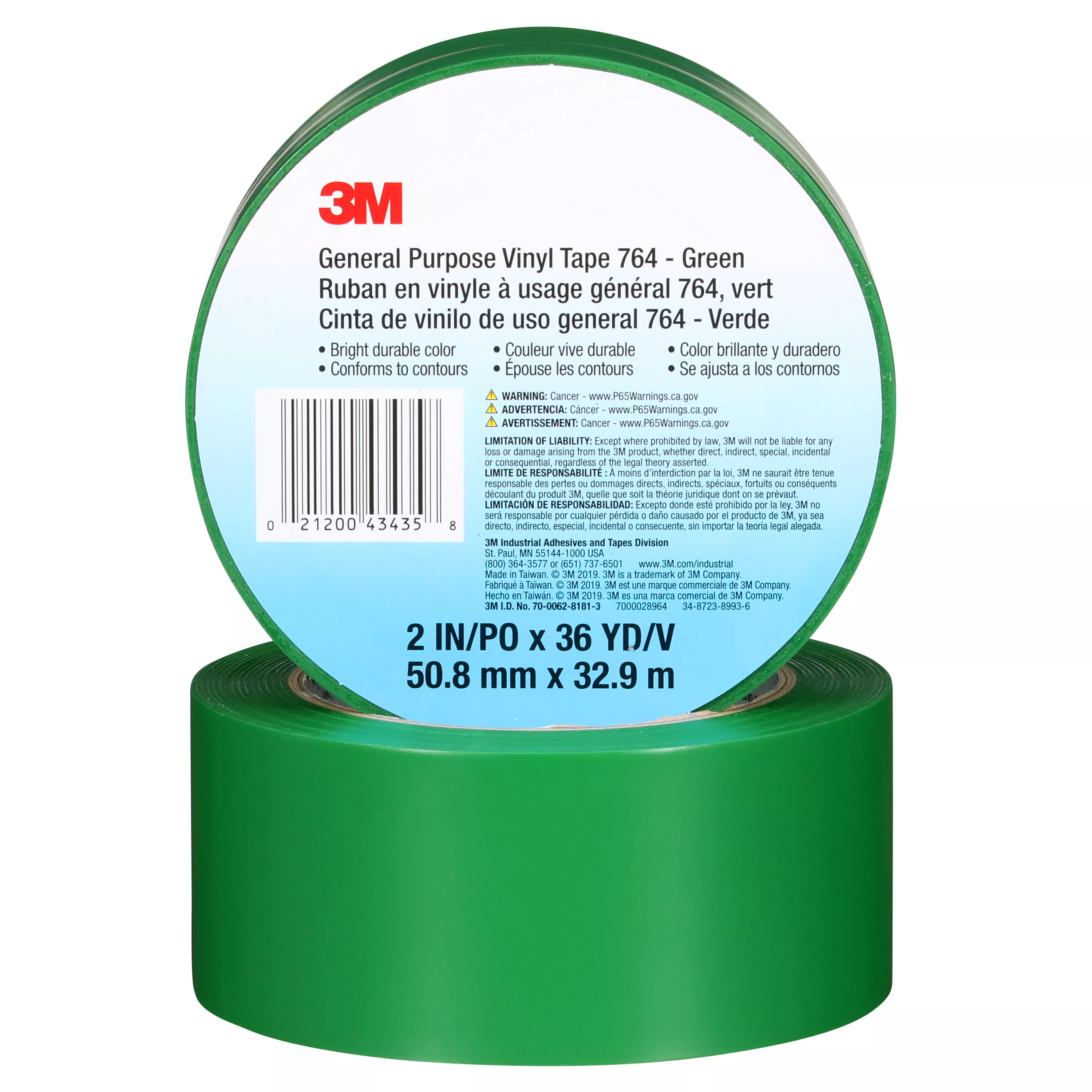 3M™ General Purpose Vinyl Tape 764, Green, 3 in x 36 yd, 5 mil, 12 Roll/Case, Individually Wrapped Conveniently Packaged