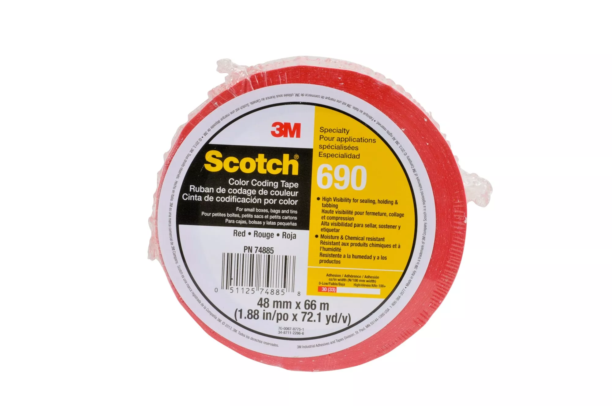 Scotch™ Color Coding Tape 690, Red, 48 mm x 66 m, 36 Rolls/Case,
Individually Wrapped Conveniently Packaged