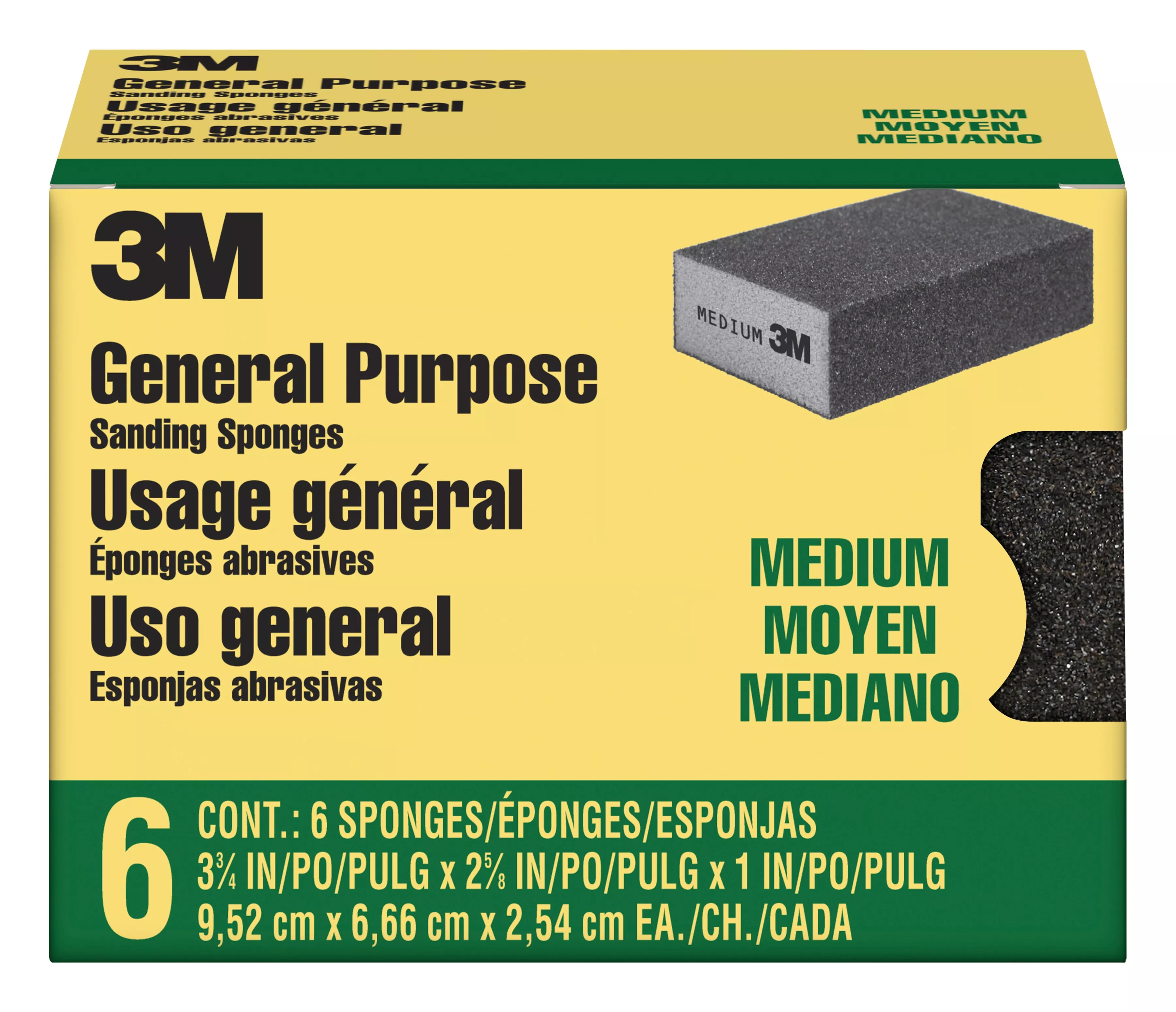 3M™ Sanding Sponge CP002-6P-CC, Block,3 3/4 in x 2 5/8 in x 1 in, Medium, 6-pack, 4 packs/cs