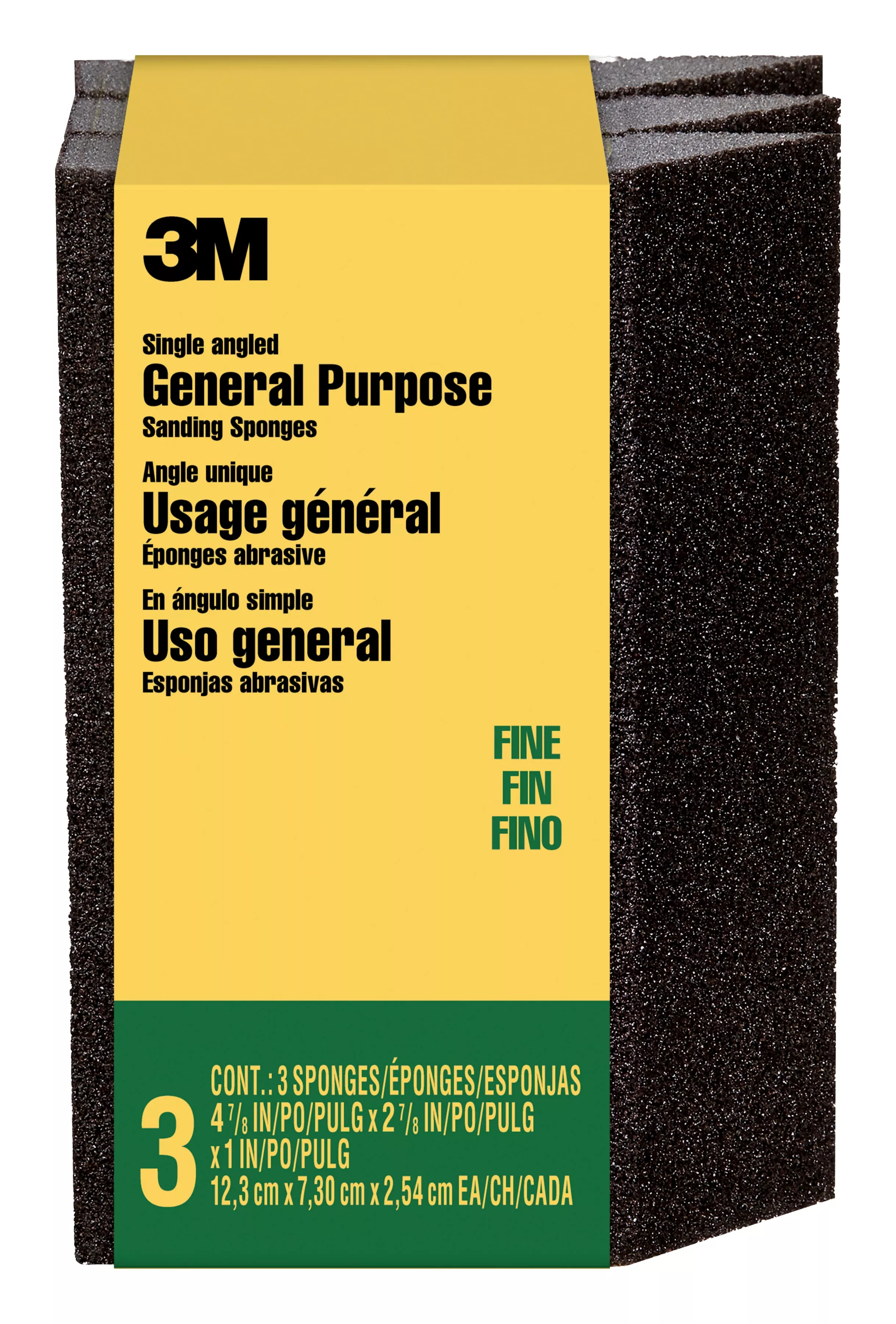 3M™ General Purpose Sanding Sponge CP040-3PK, Single Angle, 2 7/8 in x 4 7/8 in x 1 in, Fine, 3/pk, 6 pks/cs