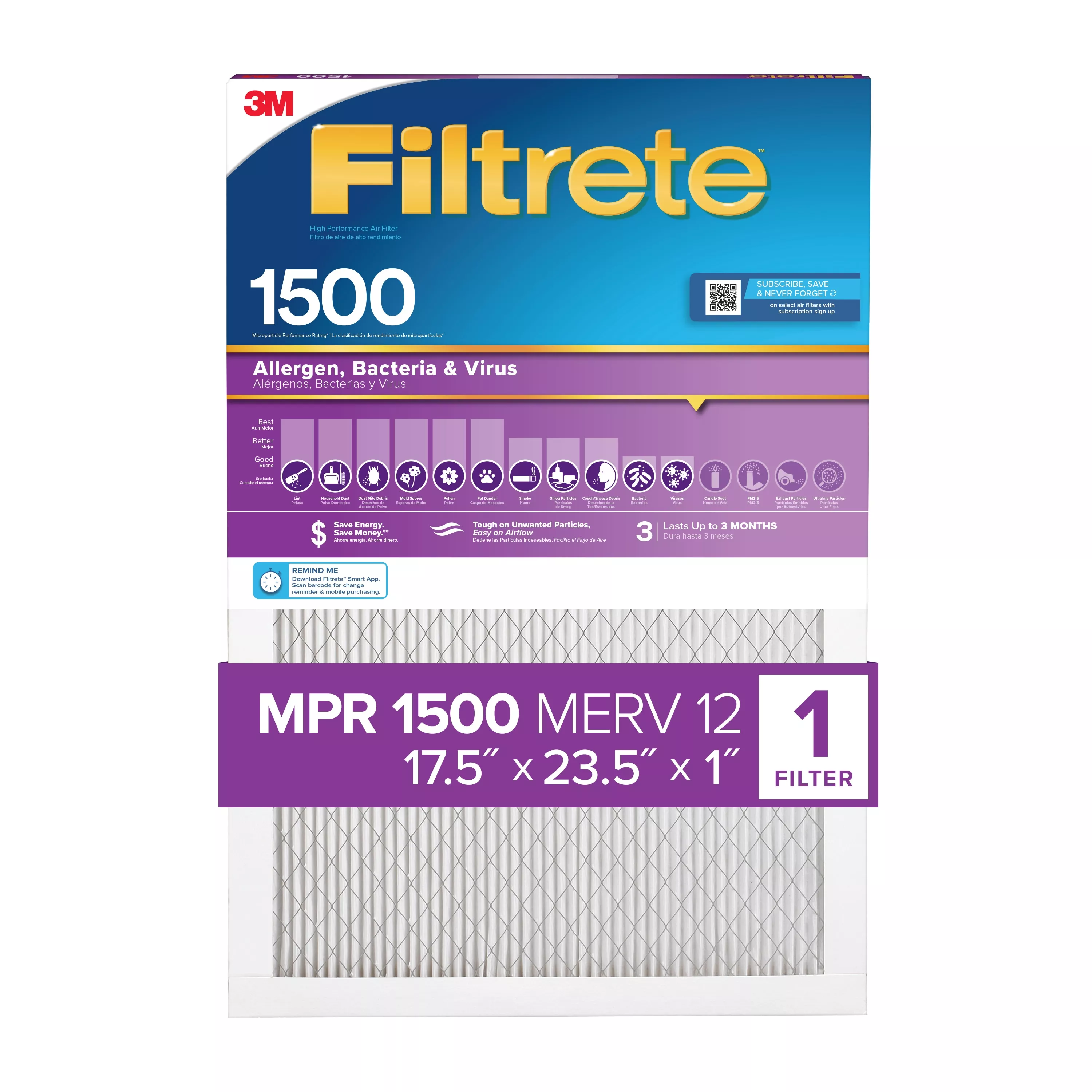 Filtrete™ High Performance Air Filter 1500 MPR 2029DC-4, 17.5 in x 23.5 in x 1 in (44.4 cm x 59.6 cm x 2.5 cm)