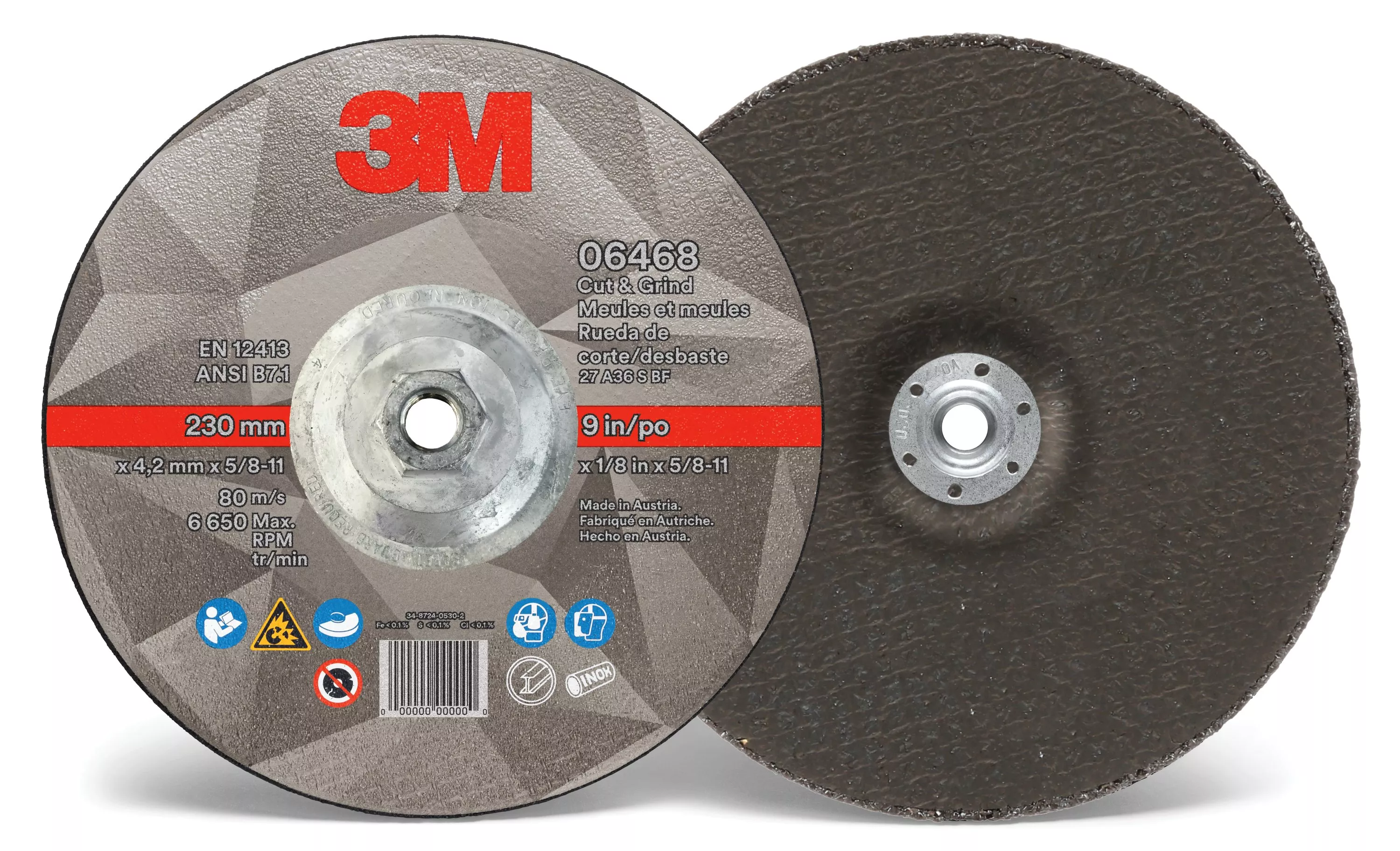 3M™ Cut & Grind Wheel, 06468, T27, 9 in x 1/8 in x 5/8 in-11, Quick
Change, 10/Carton, 20 ea/Case