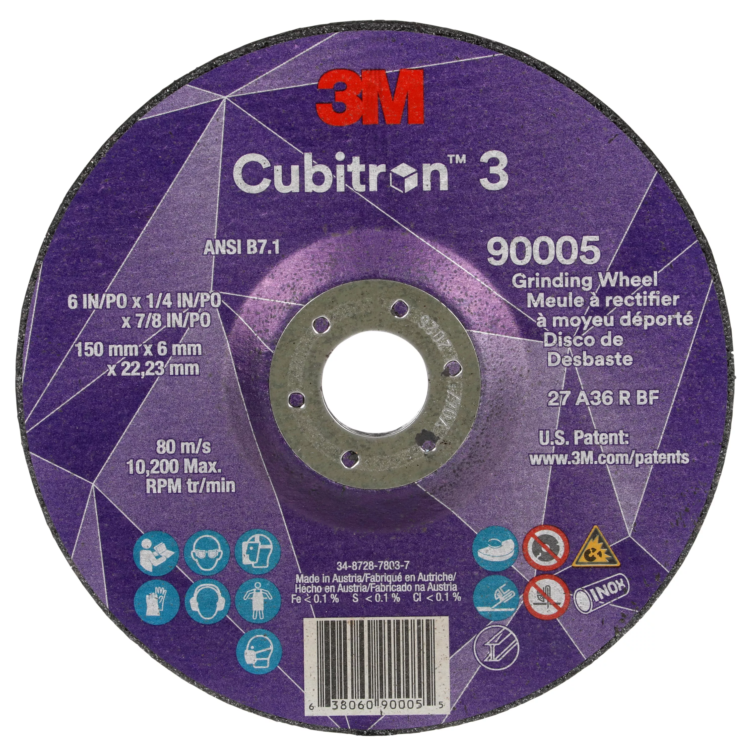 3M™ Cubitron™ 3 Depressed Center Grinding Wheel, 90005, 36+, T27, 6 in x
1/4 in x 7/8 in (150x6x22.23mm) ANSI, 10/Pack, 20 ea/Case