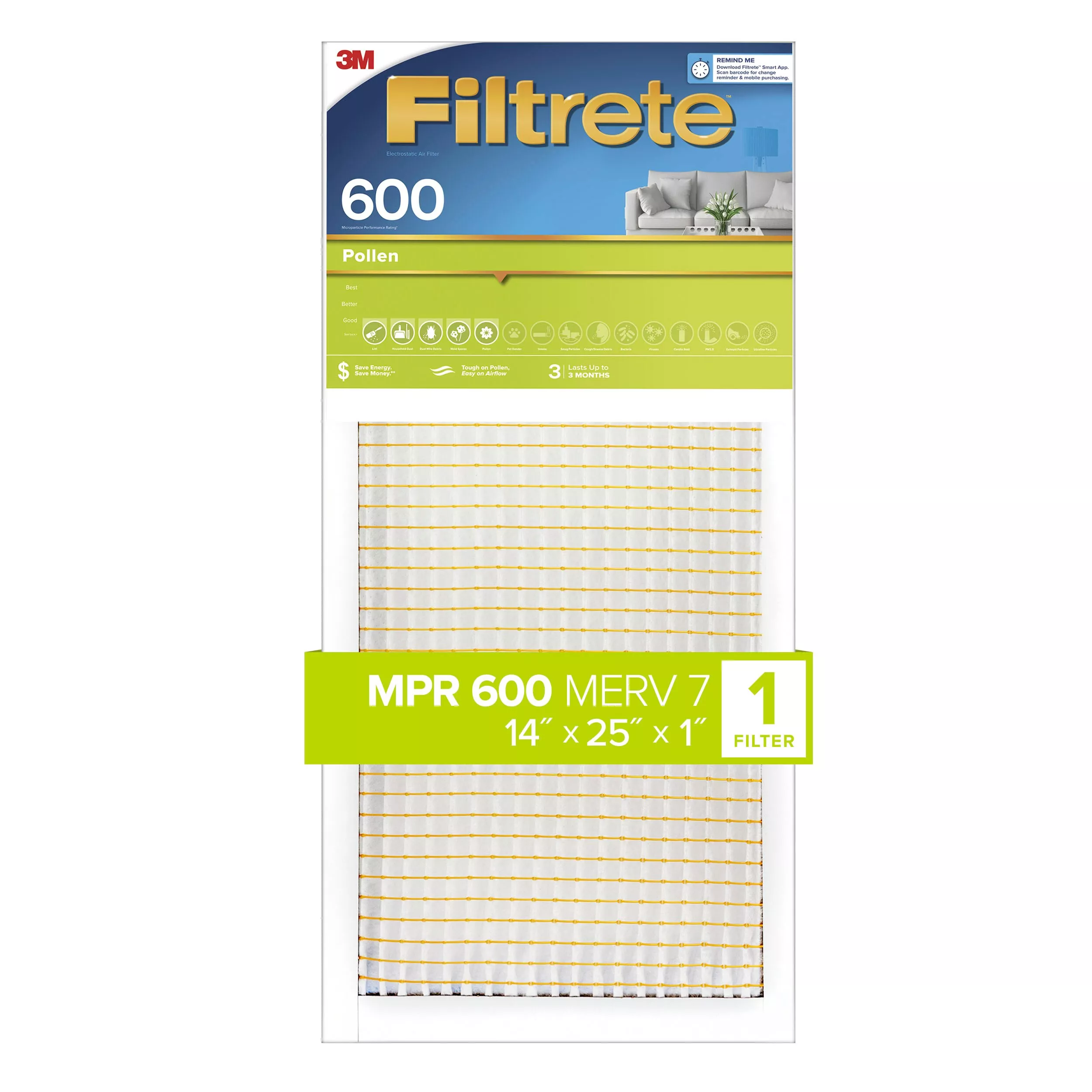 Filtrete™ Pollen Air Filter, 600 MPR, 9834-4, 14 in x 25 in x 1 in (35,5
cm x 63,5 cm x 2,5 cm)