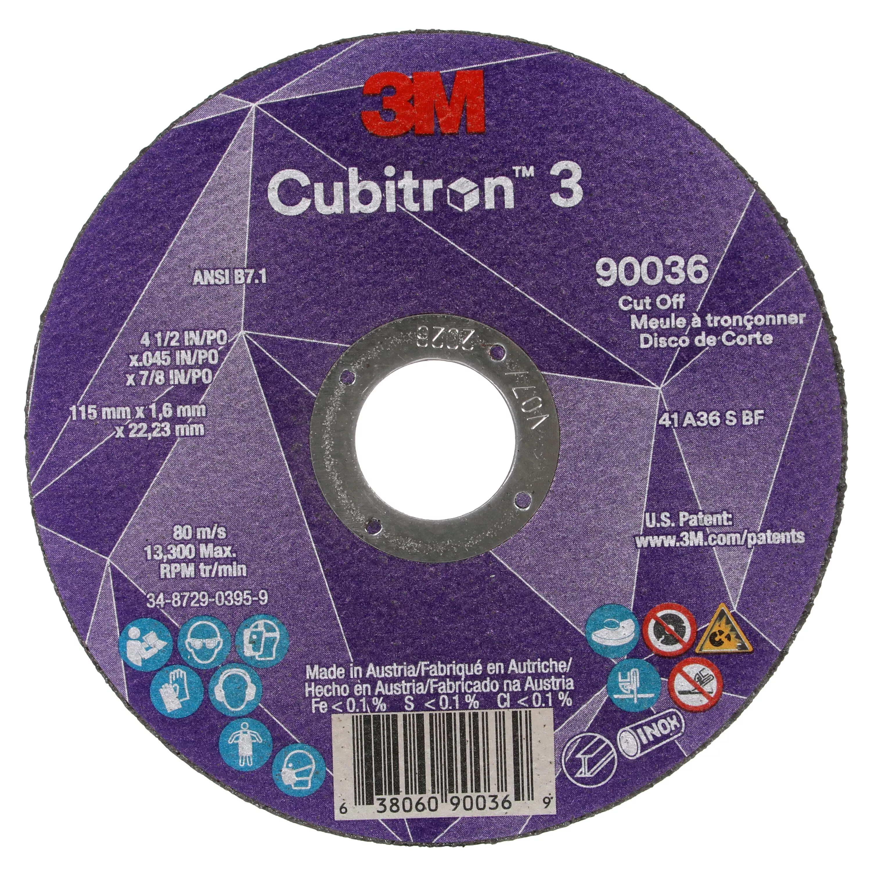 3M™ Cubitron™ 3 Cut-Off Wheel, 90036, 36+, T1, 4-1/2 in x 0.045 in x 7/8
in (115 x 1.6 x 22.23 mm), ANSI, 25/Pack, 50 ea/Case