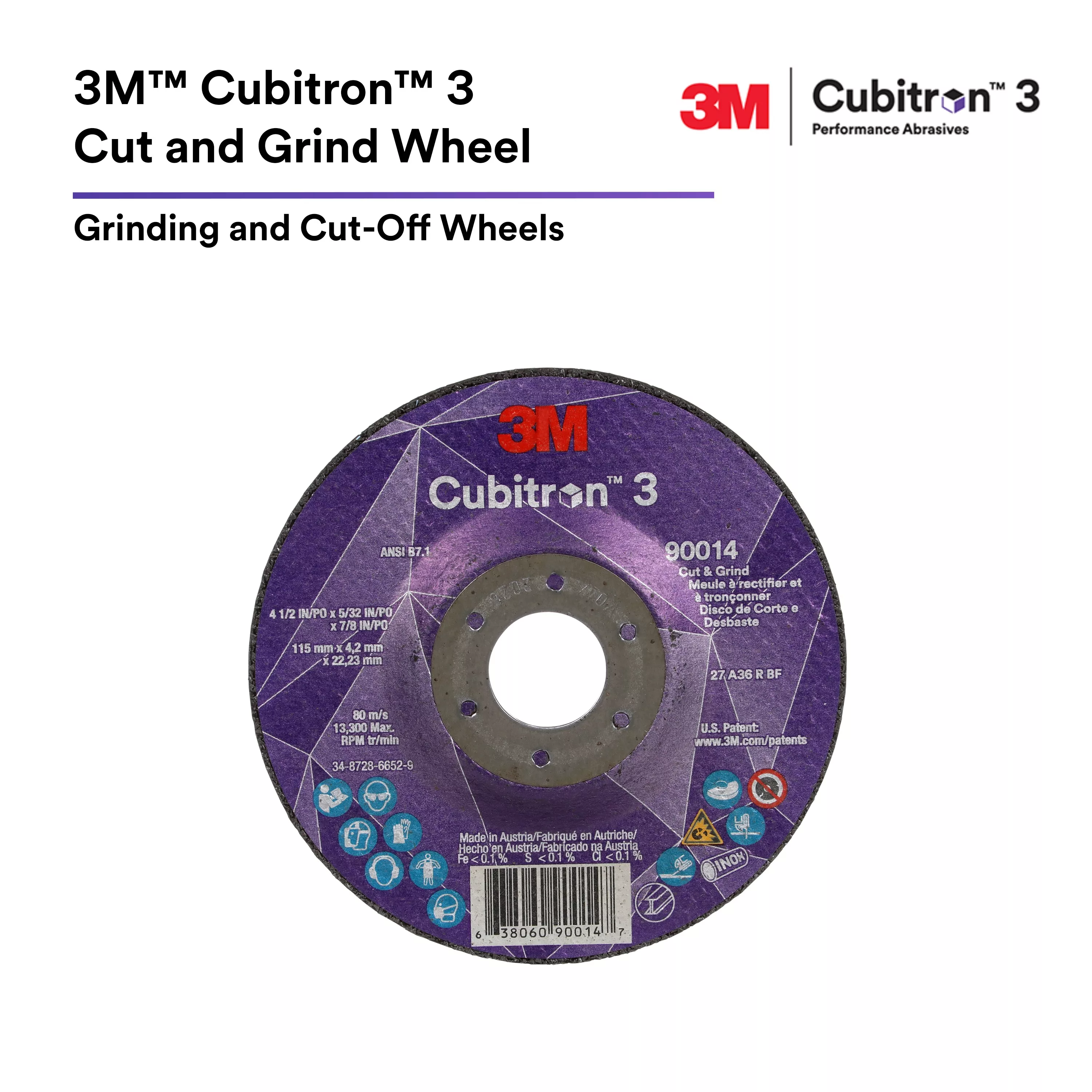3M™ Cubitron™ 3 Cut and Grind Wheel, 66200, 36+, Type 27, 6 in x 5/32 in x 5/8 in-11 (150mmx4.2mm), ANSI, 10 ea/Case, Trial Pack