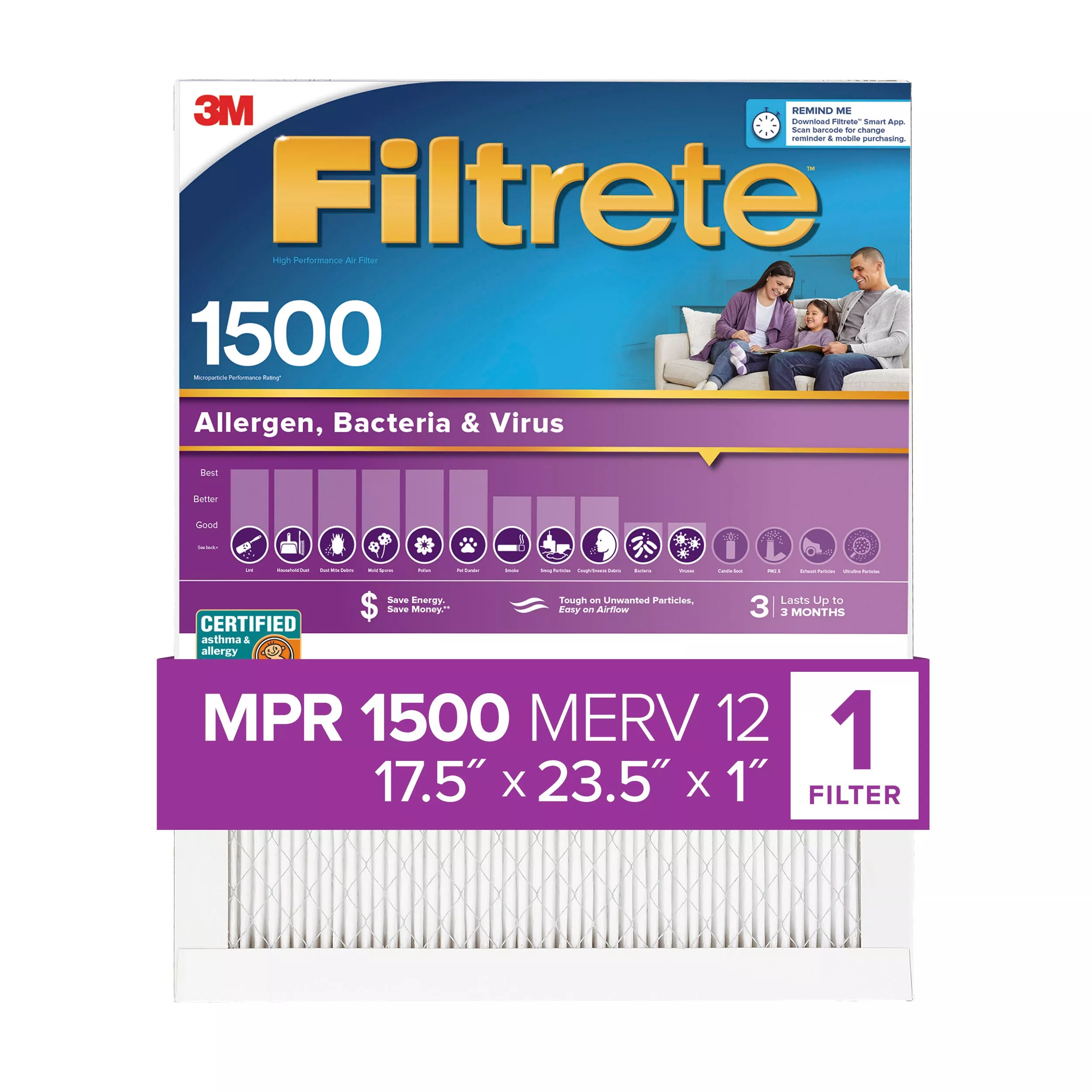 Filtrete™ Allergen, Bacteria & Virus Air Filter, 1500 MPR, 2029-4, 17.5
in x 23.5 in x 1 in (44,4 cm x 59,6 cm x 2,5 cm)