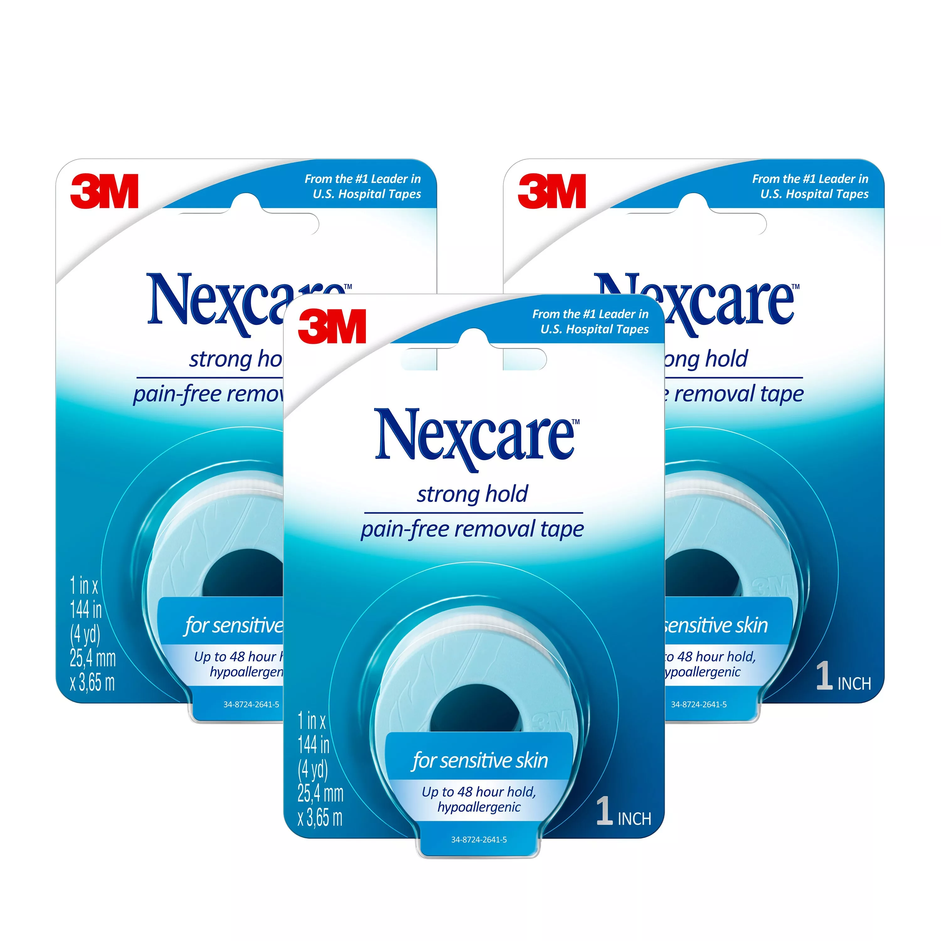 Nexcare™ Strong Hold Pain-Free Removal Tape SST1CA3PK-SIOC, 1 in x 4 yd (25.4 mm x 3.65 m)
