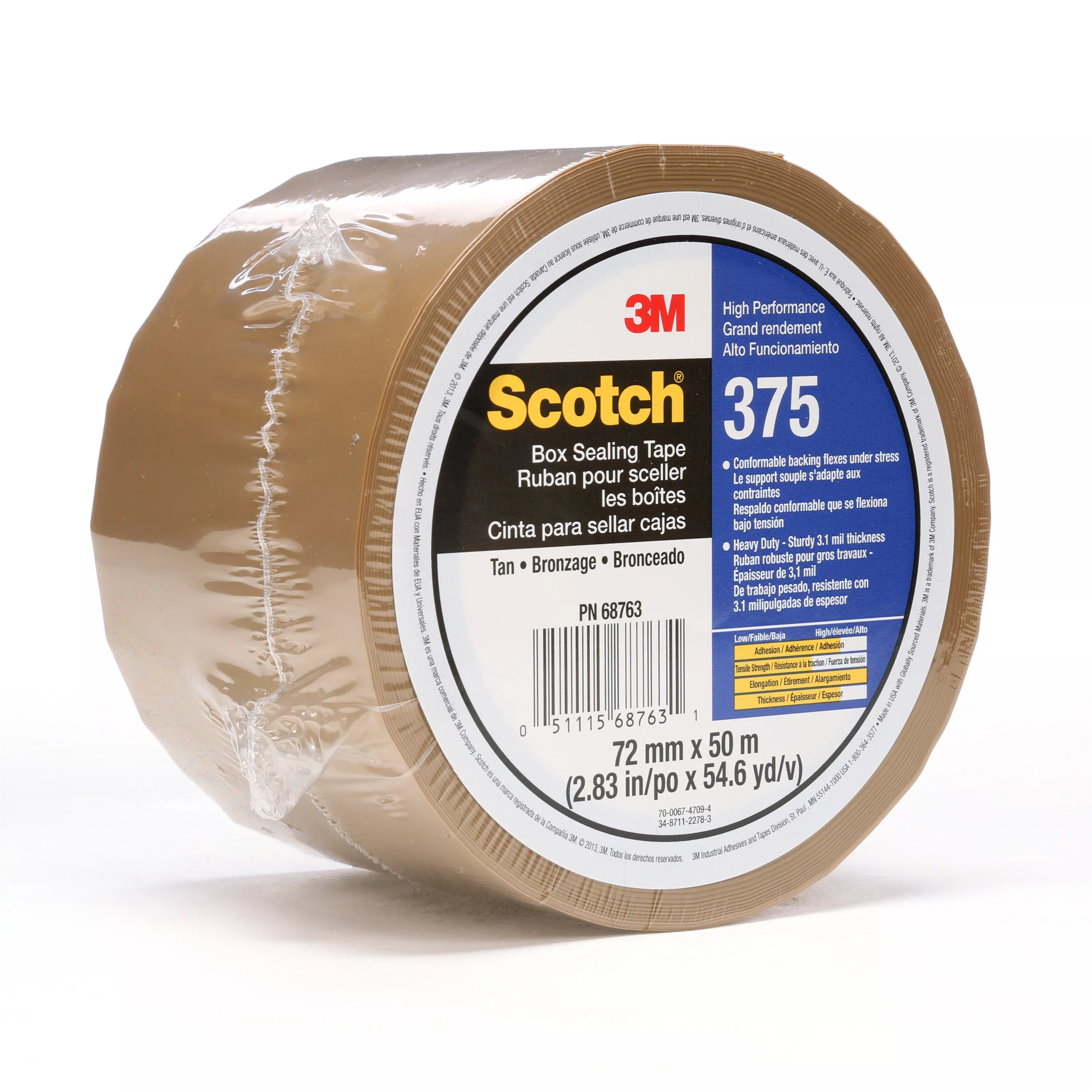 Scotch® Box Sealing Tape 375, Tan, 72 mm x 50 m, 24/Case, Individually
Wrapped Conveniently Packaged