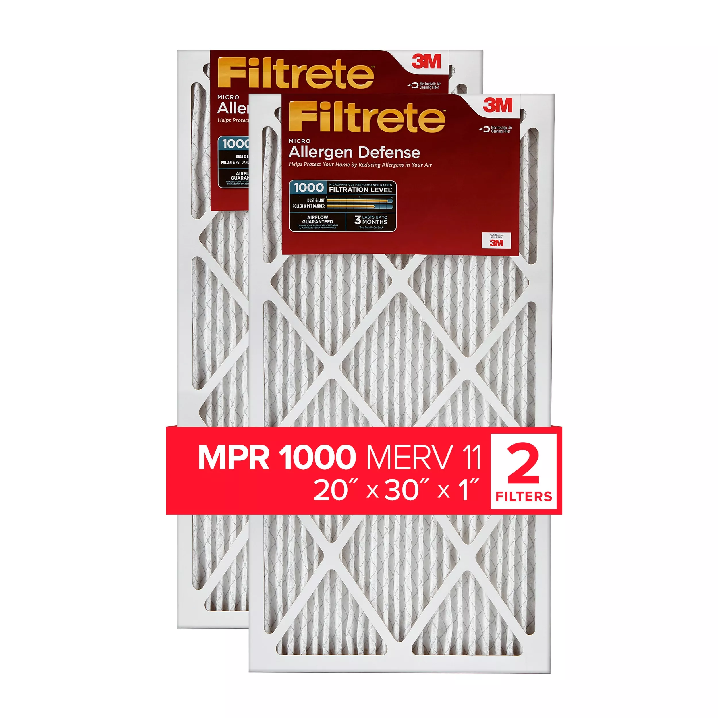 Filtrete™ Electrostatic Air Filter 1000 MPR AD22-2PK-1E, 20 in x 30 in x 1 in (50.8 cm x 76.2 cm x 2.5 cm)