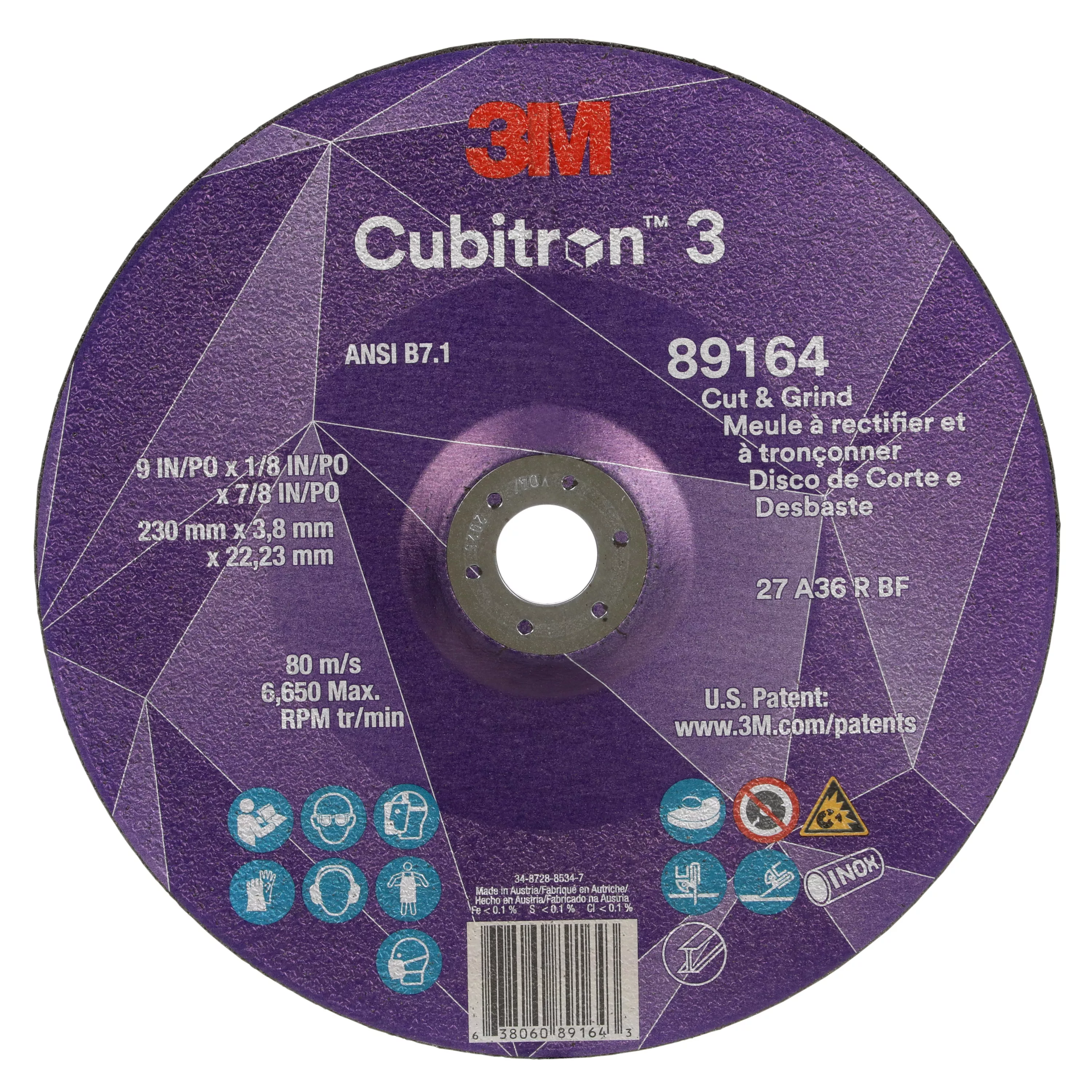 3M™ Cubitron™ 3 Cut and Grind Wheel, 89164, 36+, T27, 9 in x 1/8 in x
7/8 in (230 x 3.2 x 22.23 mm), ANSI, 10/Pack, 20 ea/Case