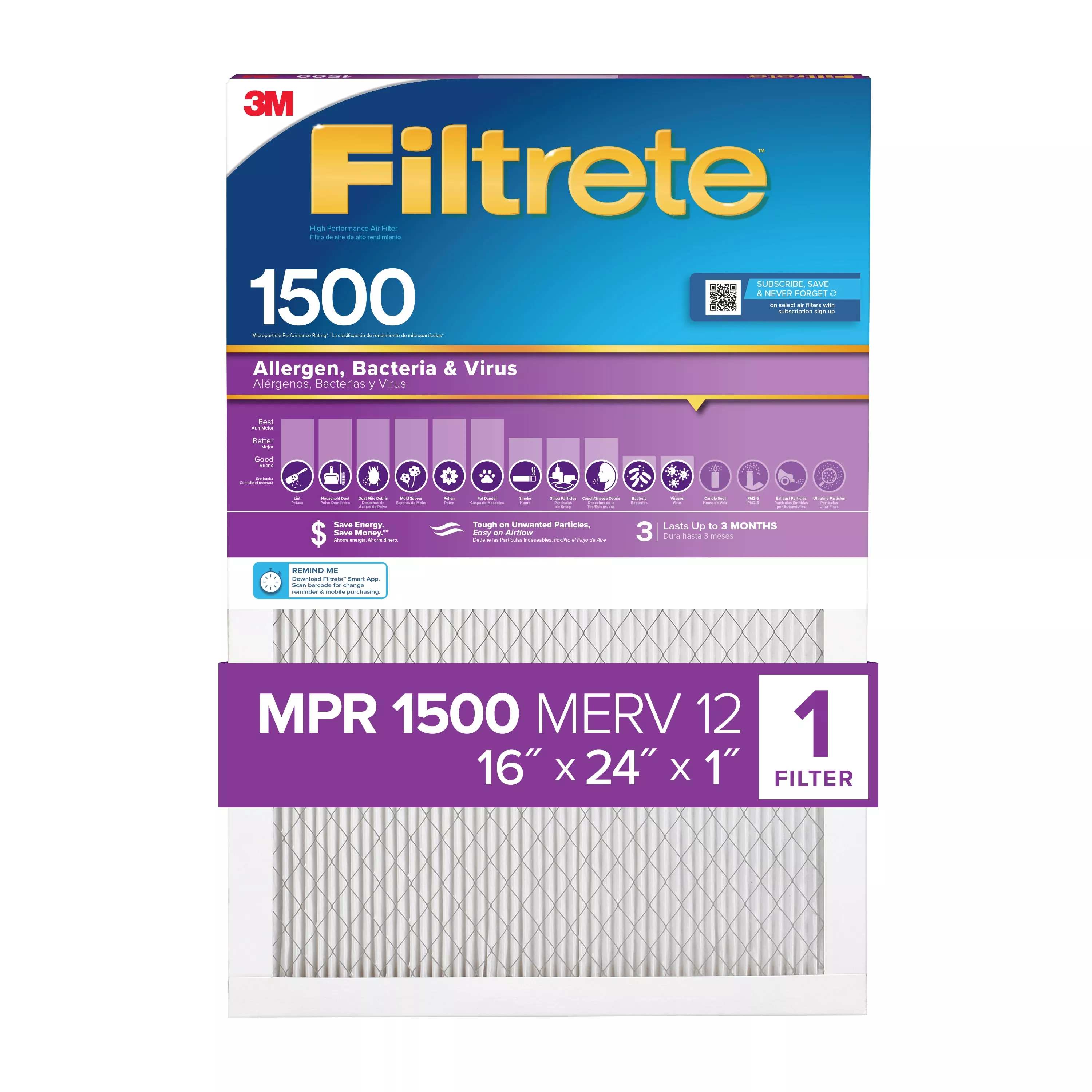 Filtrete™ High Performance Air Filter 1500 MPR 2025DC-4, 16 in x 24 in x 1 in (40.6 cm x 60.9 cm x 2.5 cm)