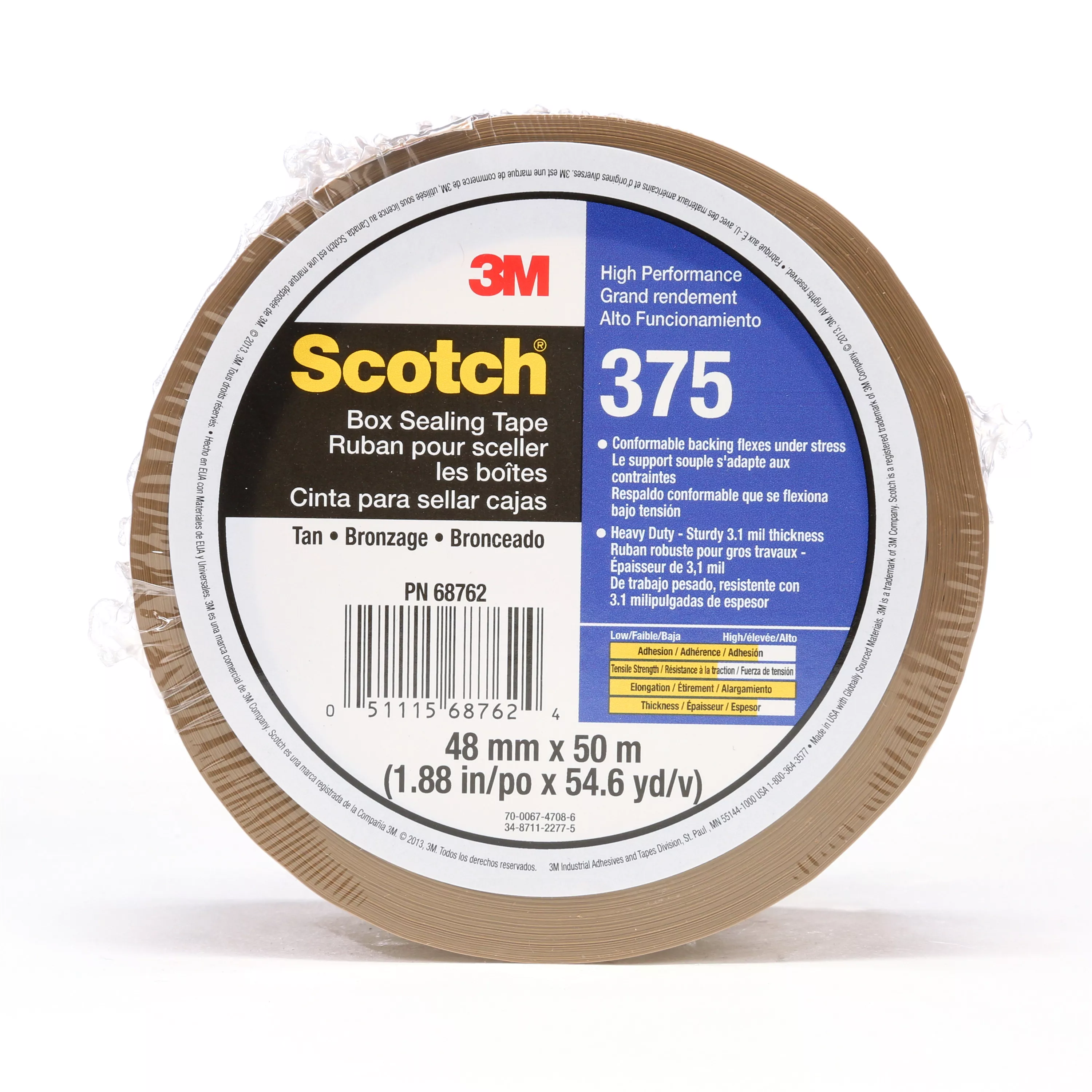 Scotch® Box Sealing Tape 375, Tan, 48 mm x 50 m, 36/Case, Individually
Wrapped Conveniently Packaged
