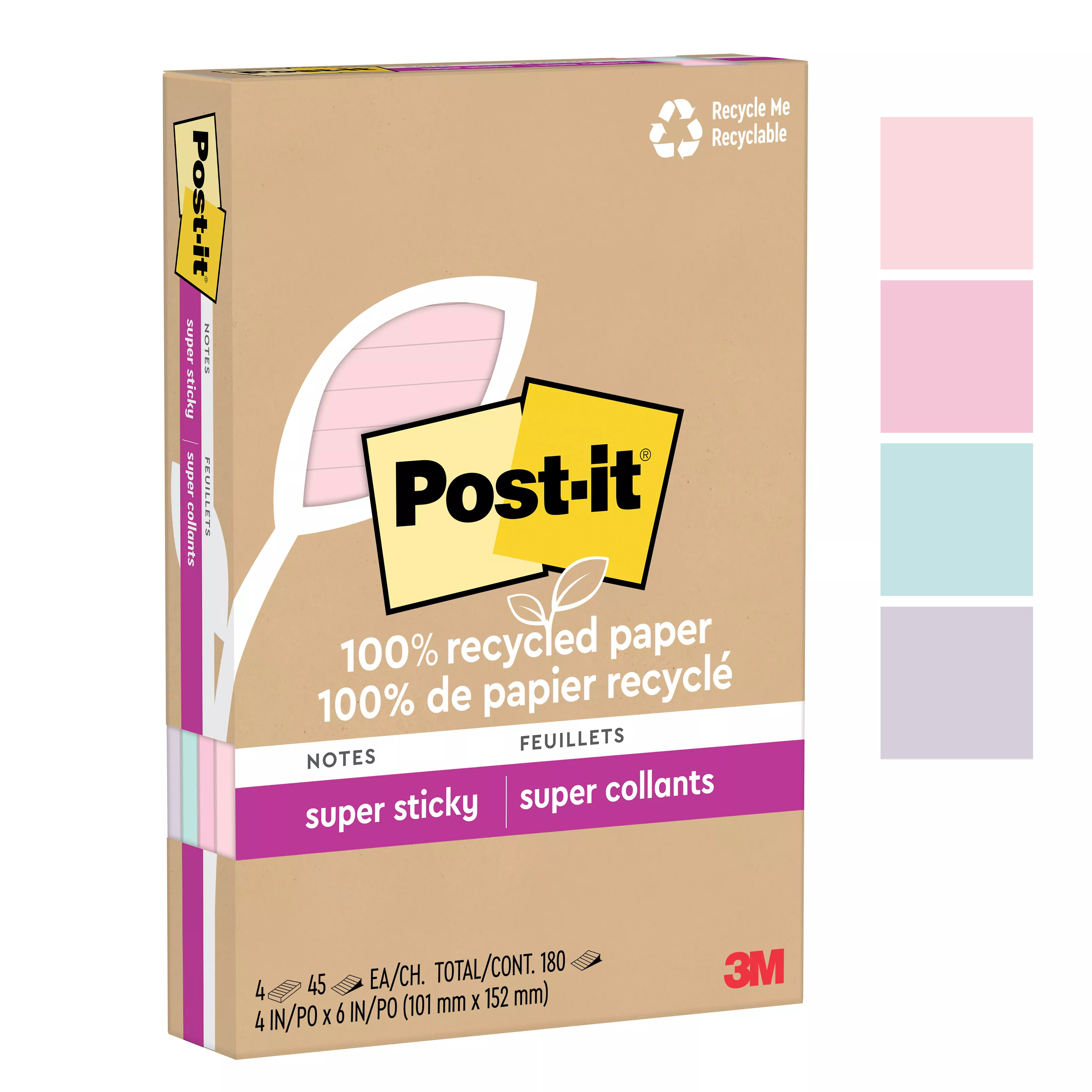 Post-it® Super Sticky Recycled Notes 4621R-4SSNRP, 4 in x 6 in (101 mm x 152 mm)