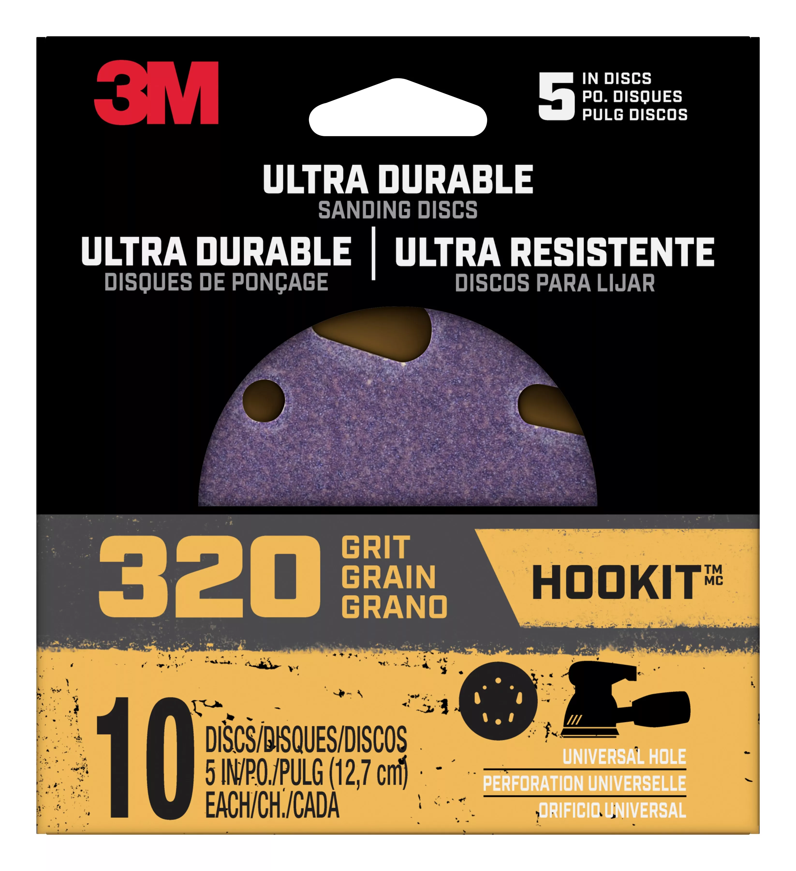 3M™ Ultra Durable 5 inch Power Sanding Discs, Universal Hole, 320 grit,
Disc5in10pk320, 10/pk, 12pks/cs
