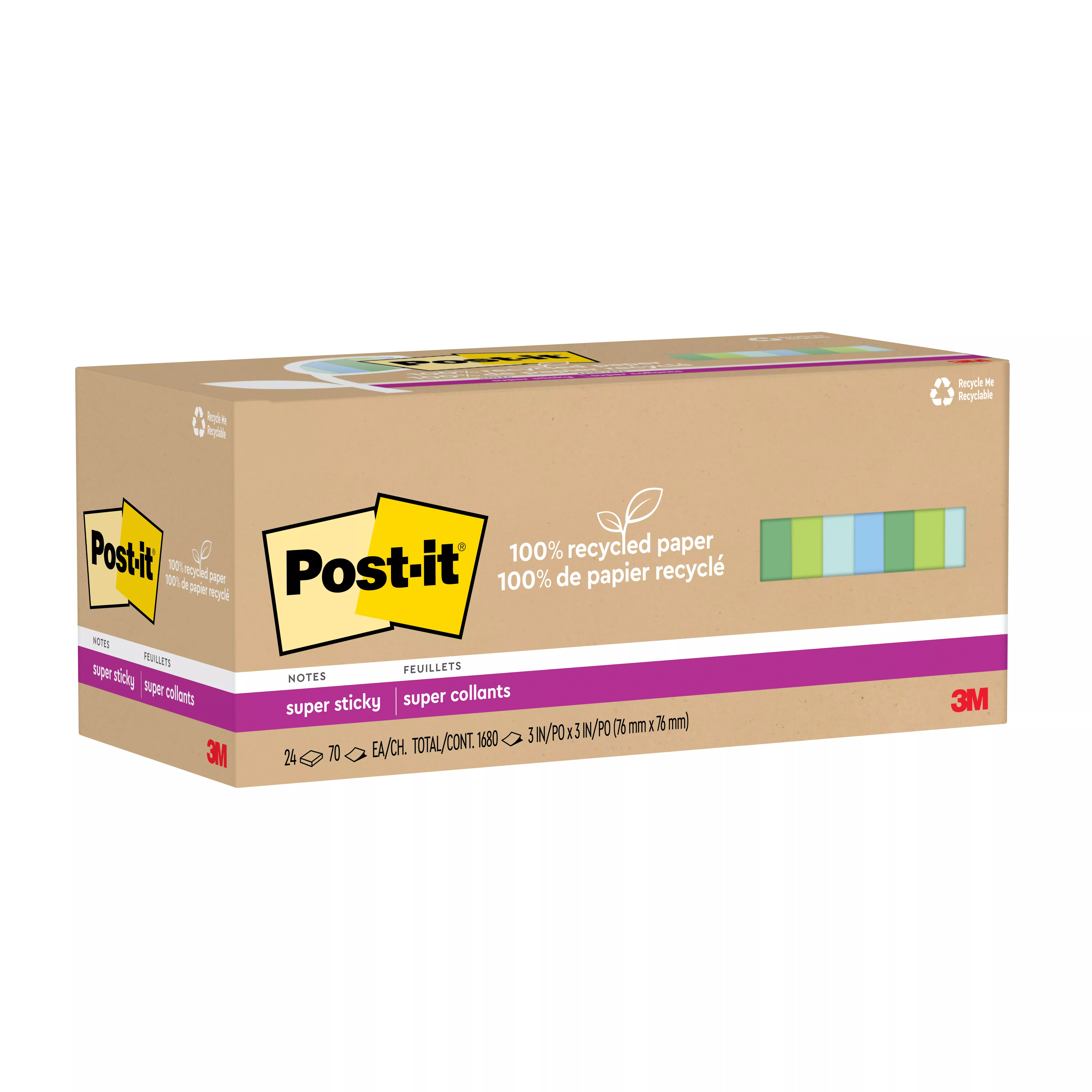 Post-it® Super Sticky Recycled Notes 654R-24SST-CP, 3 in x 3 in (76 mm x 76 mm)