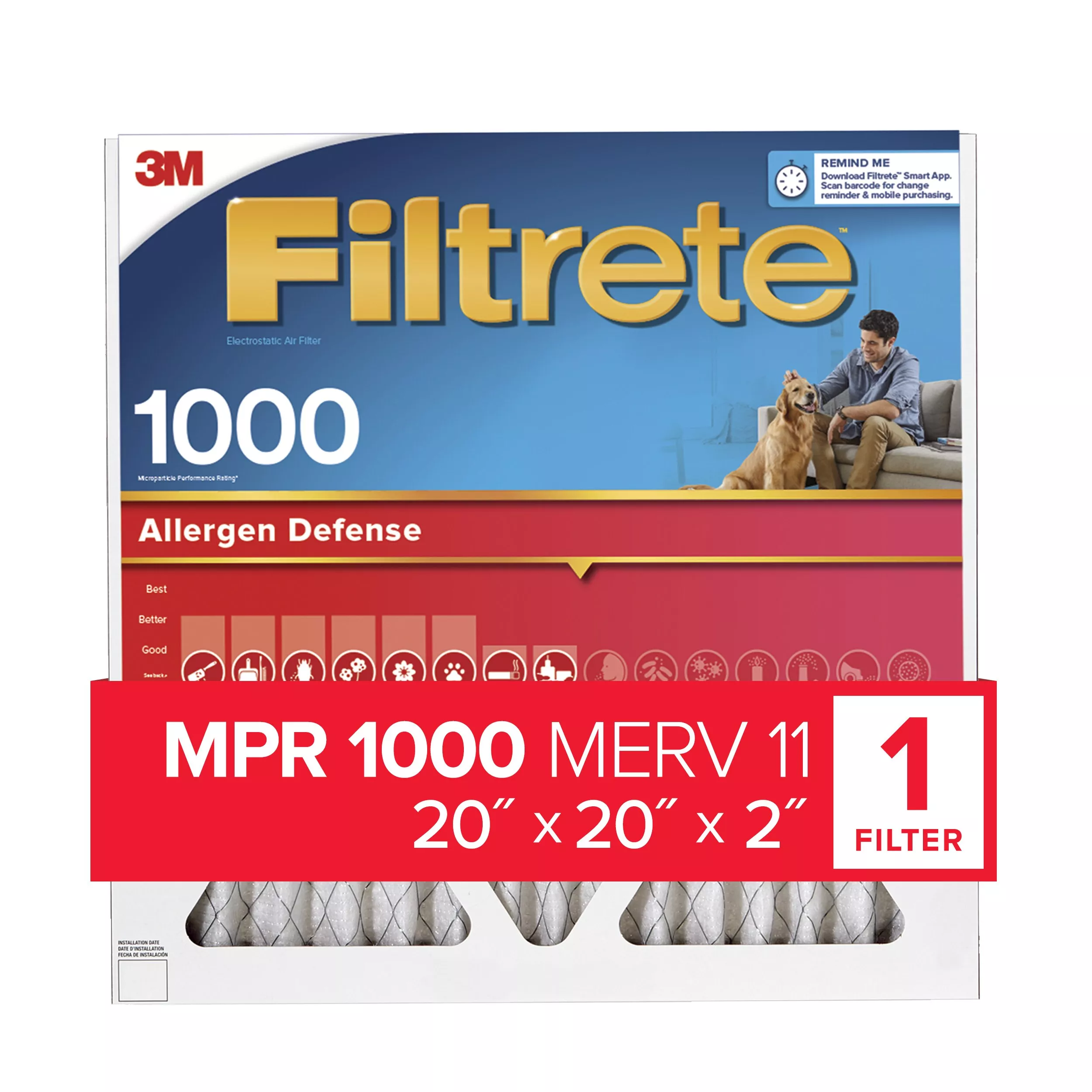 Filtrete™ Electrostatic Air Filter 1000 MPR NADP02-2IN-4, 20 in x 20 in x 2 in (50.8 cm x 50.8 cm x 5 cm)