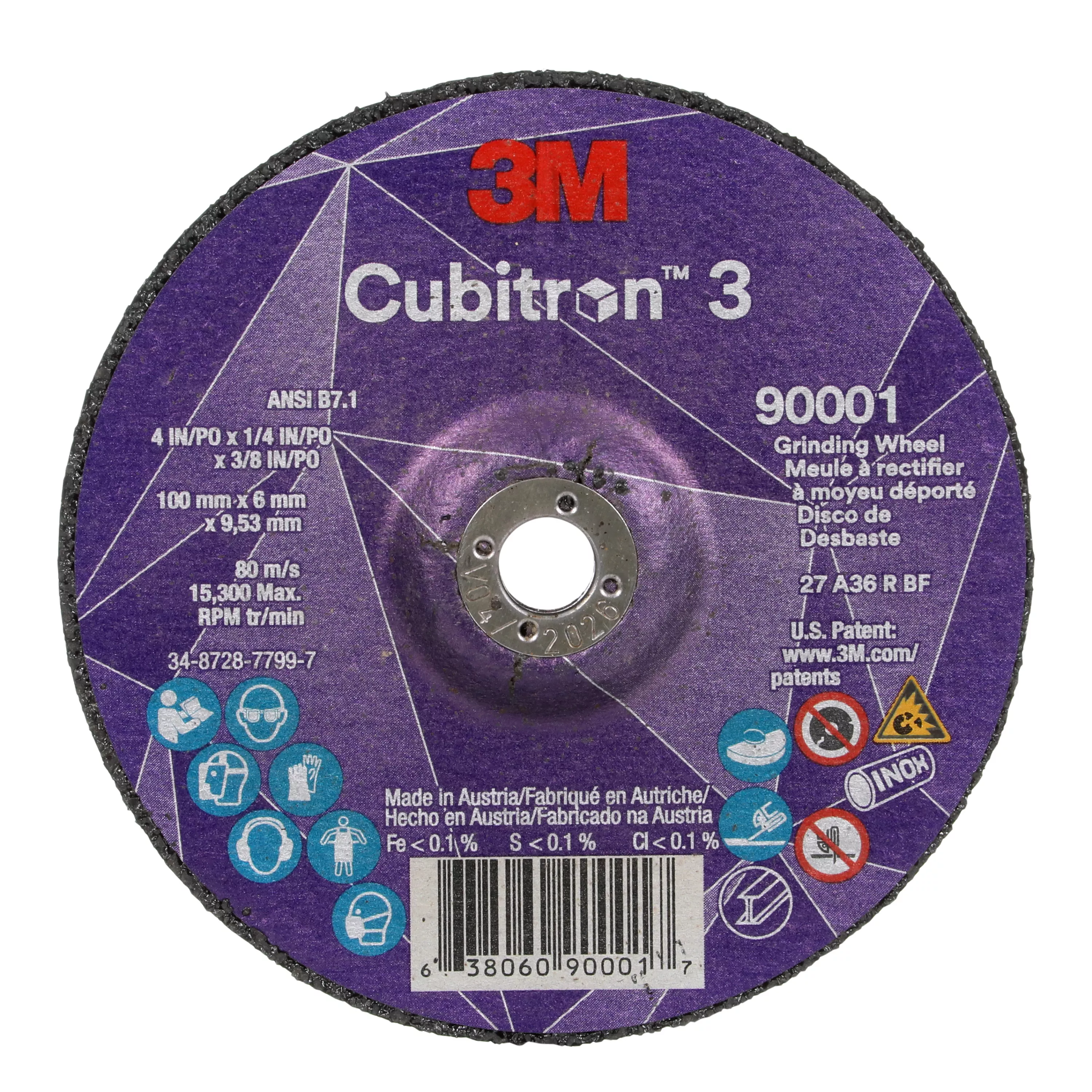 3M™ Cubitron™ 3 Depressed Center Grinding Wheel, 90001, 36+, T27, 4 in x
1/4 in x 3/8 in (100x6x9.53mm), ANSI, 10/Pack, 20 ea/Case