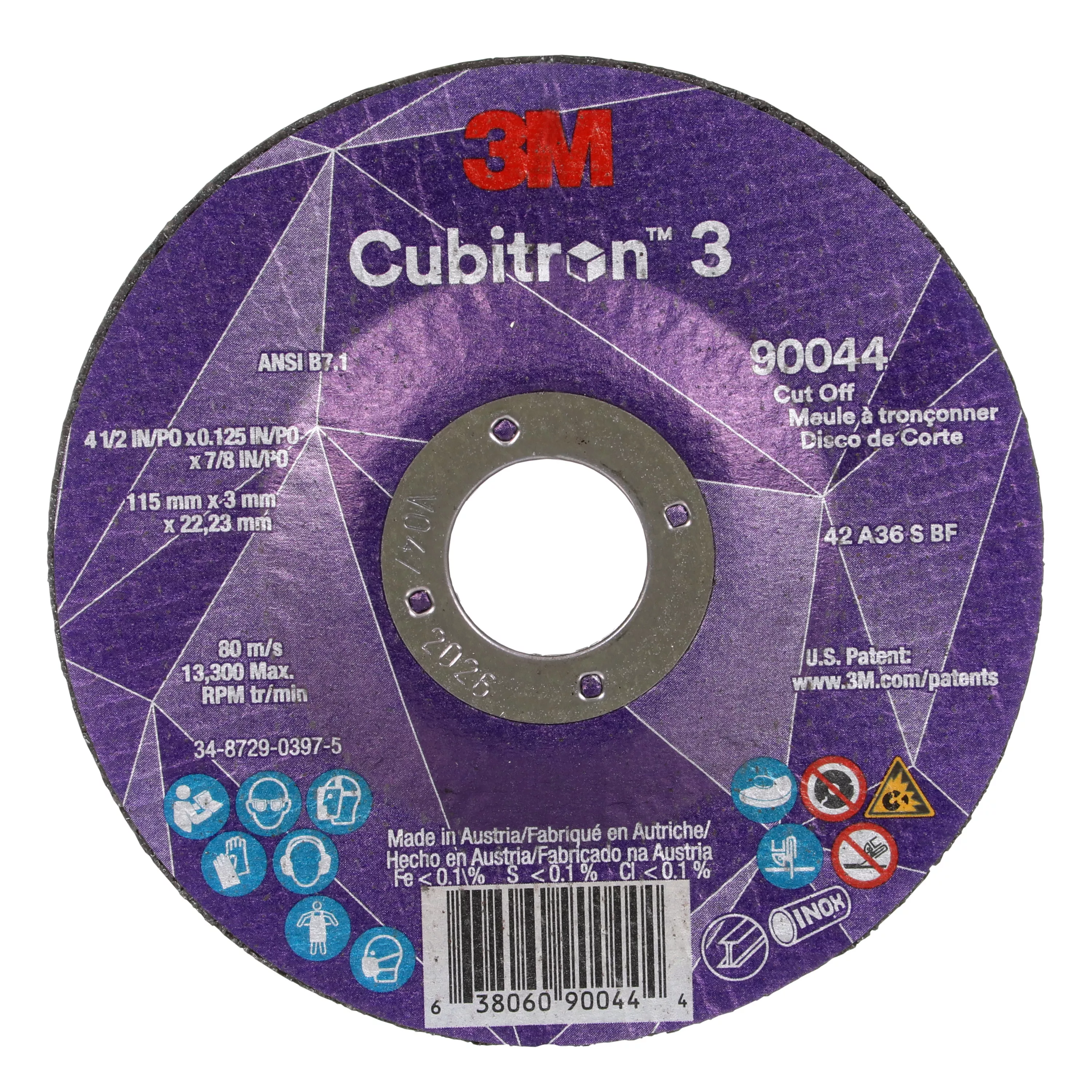 3M™ Cubitron™ 3 Cut-Off Wheel, 90044, 36+, T27, 4-1/2 in x 1/8 in x 7/8 in (115 x 3 x 22.23 mm), ANSI, 25/Pack, 50 ea/Case