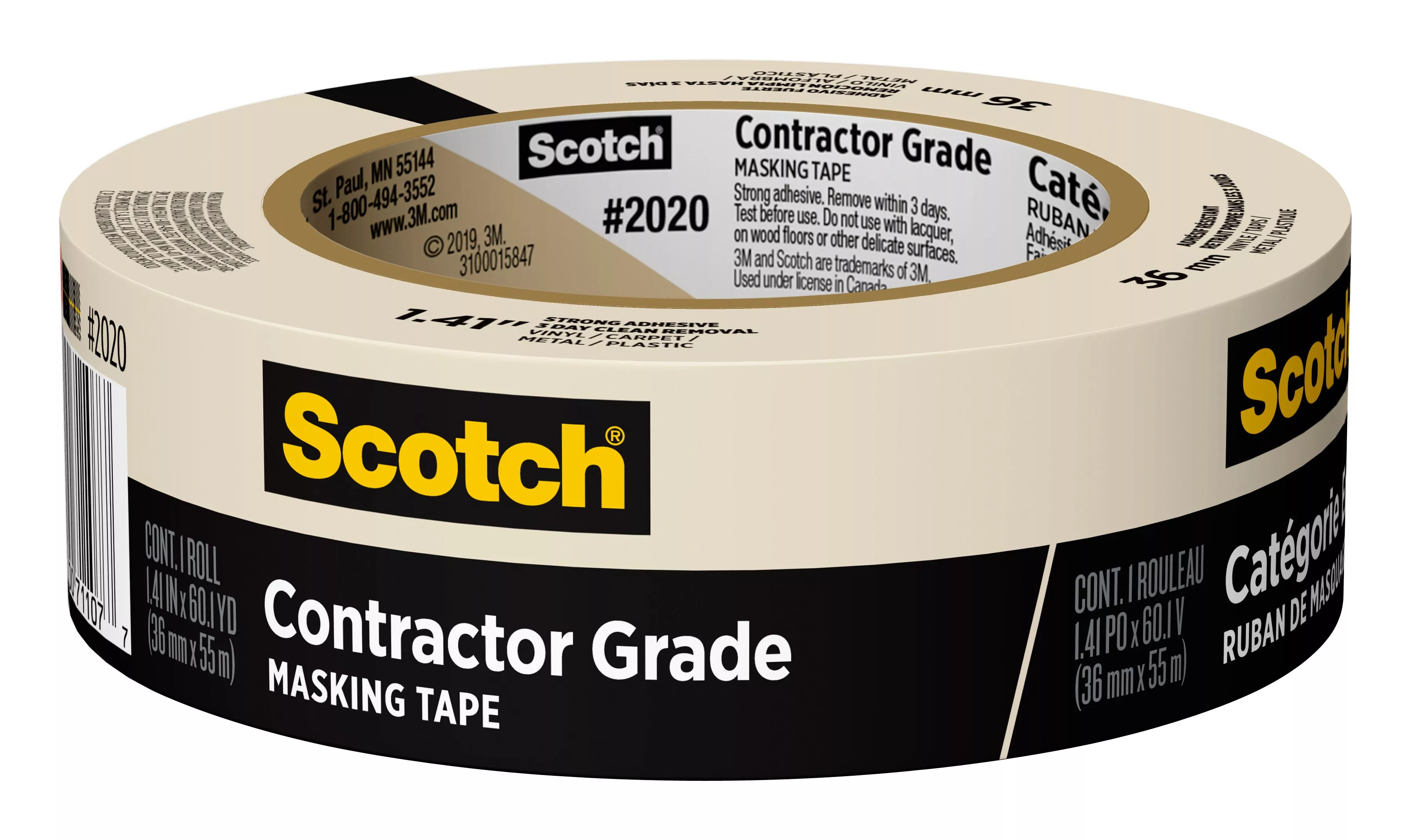 Scotch® Contractor Grade Masking Tape 2020-36AP, 1.41 in x 60.1 yd (36mm
x 55m)