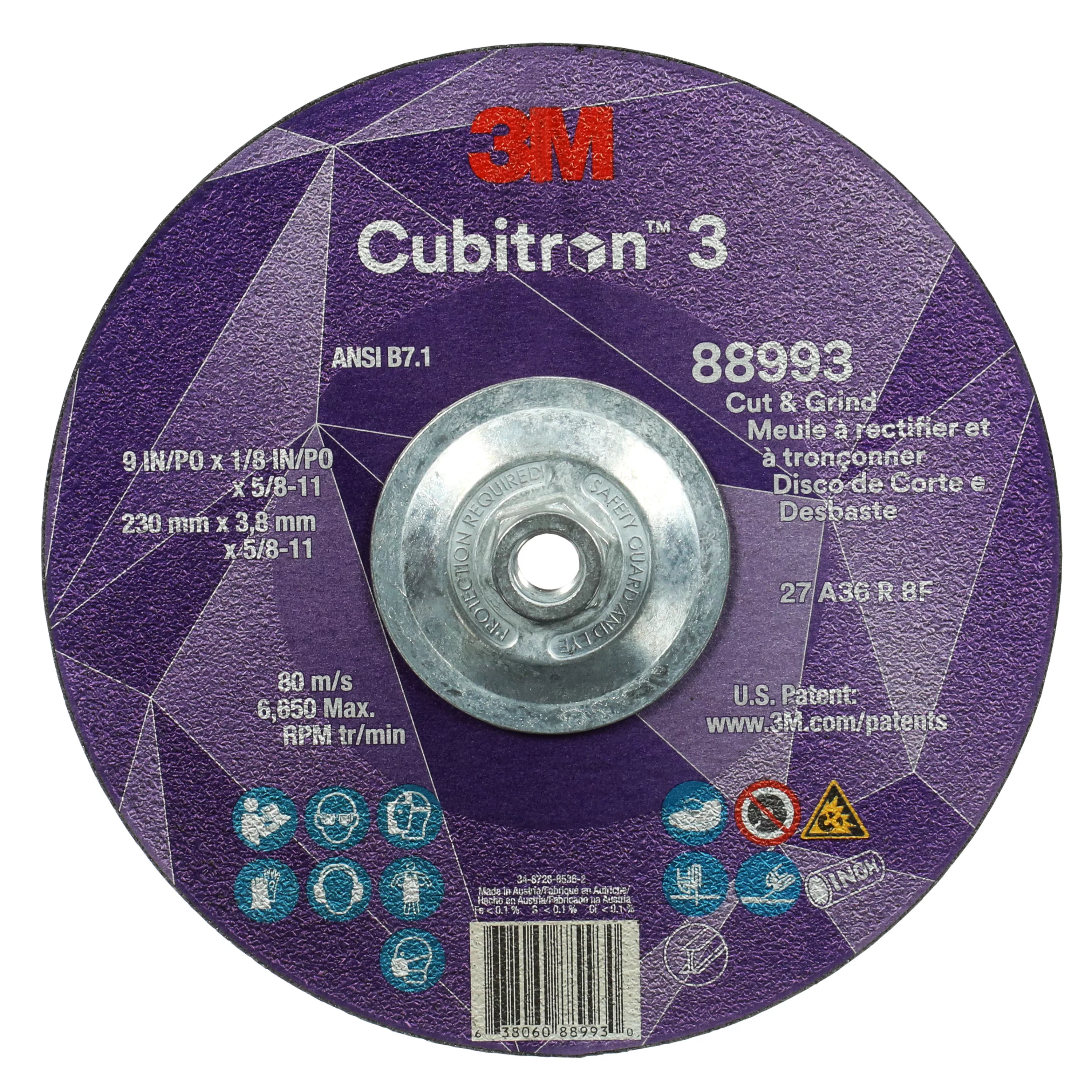 3M™ Cubitron™ 3 Cut and Grind Wheel, 88993, 36+, T27, 9 in x 1/8 in x
5/8 in-11 (230 x 3.2 mm x 5/8-11 in), ANSI, 10 ea/Case