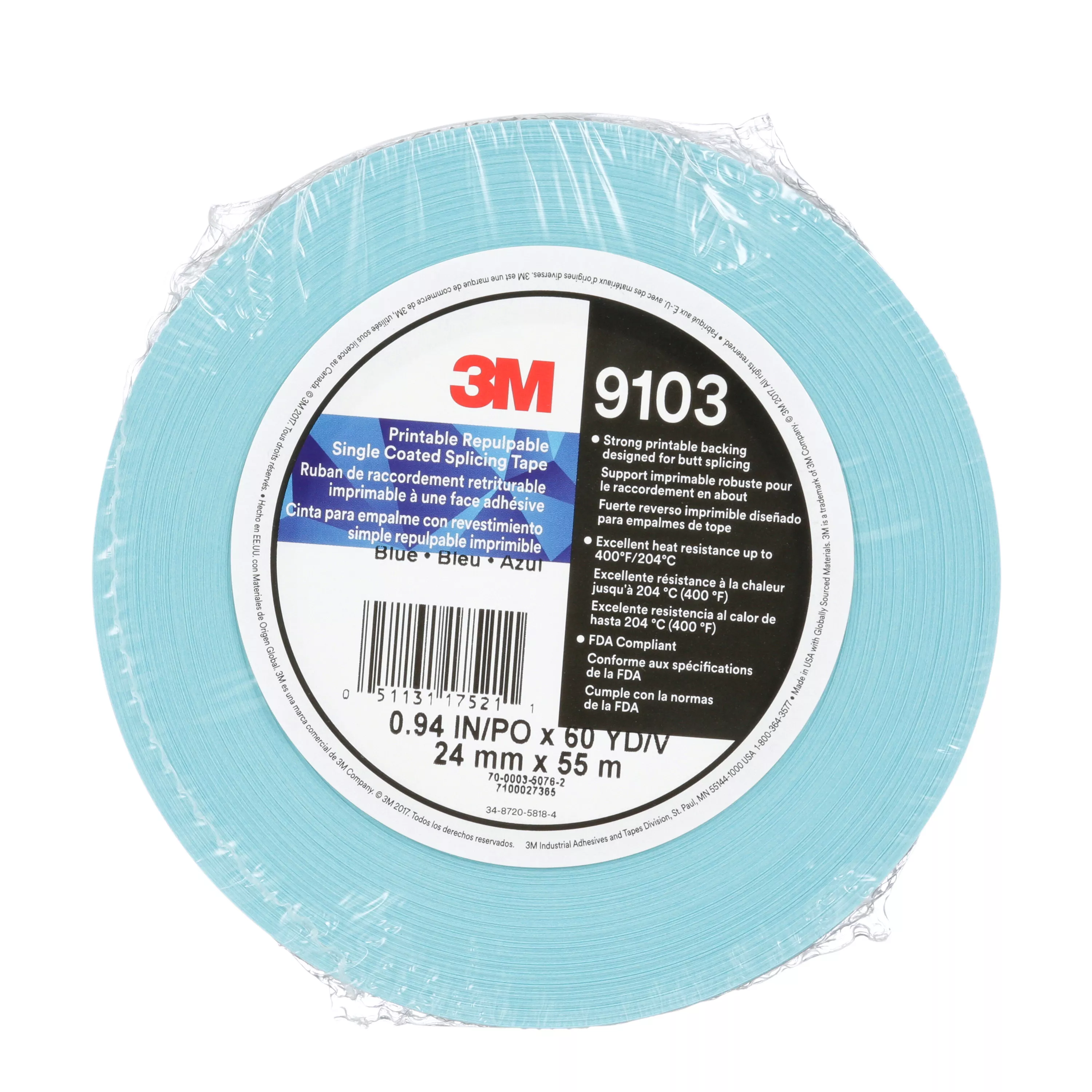 3M™ Printable Repulpable Single Coated Splicing Tape 9103, Blue, 24 mm x
55 m, 4.1 mil, 36 Roll/Case