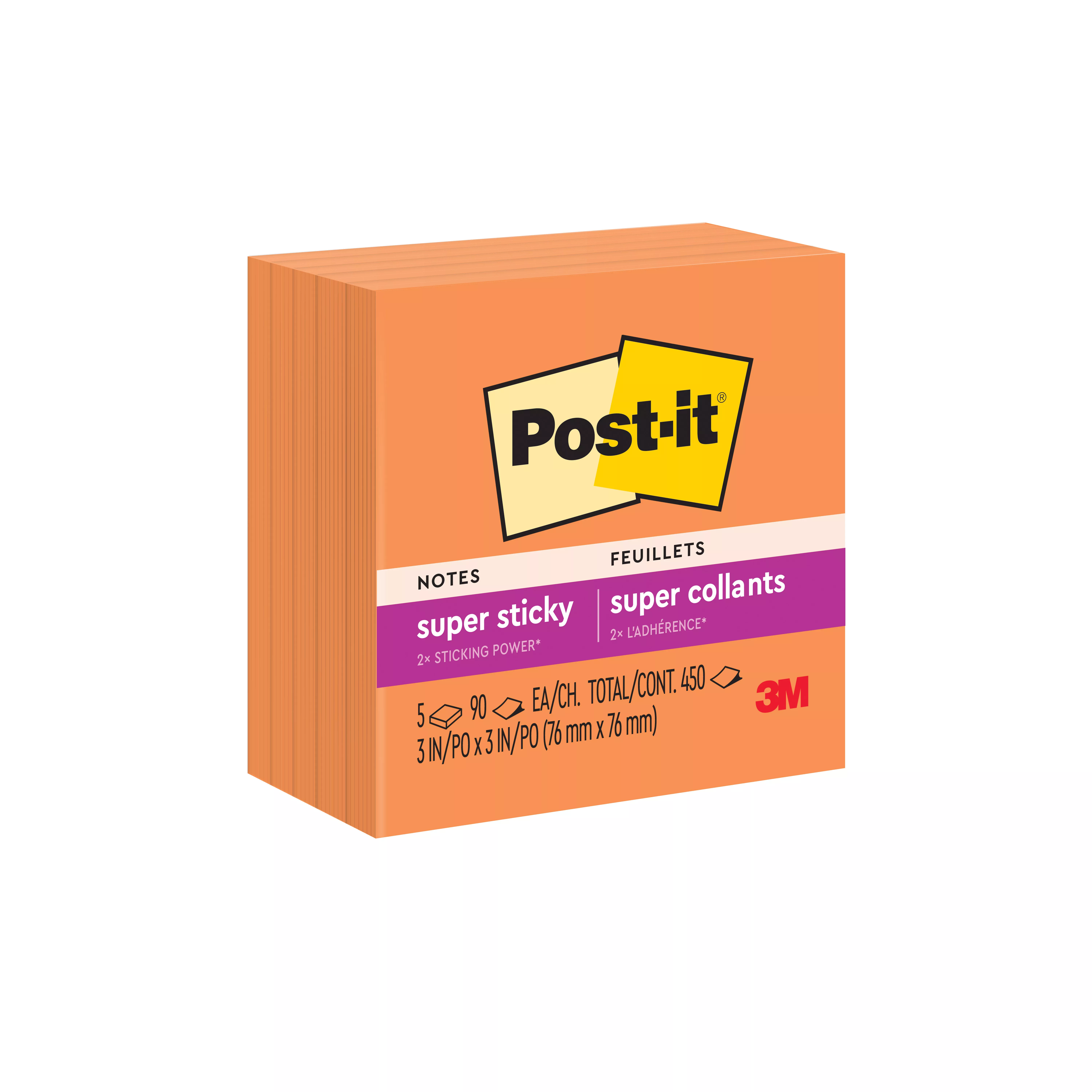 Post-it® Super Sticky Notes 654-5SSNO, 3 in x 3 in (76 mm x 76 mm), Neon Orange