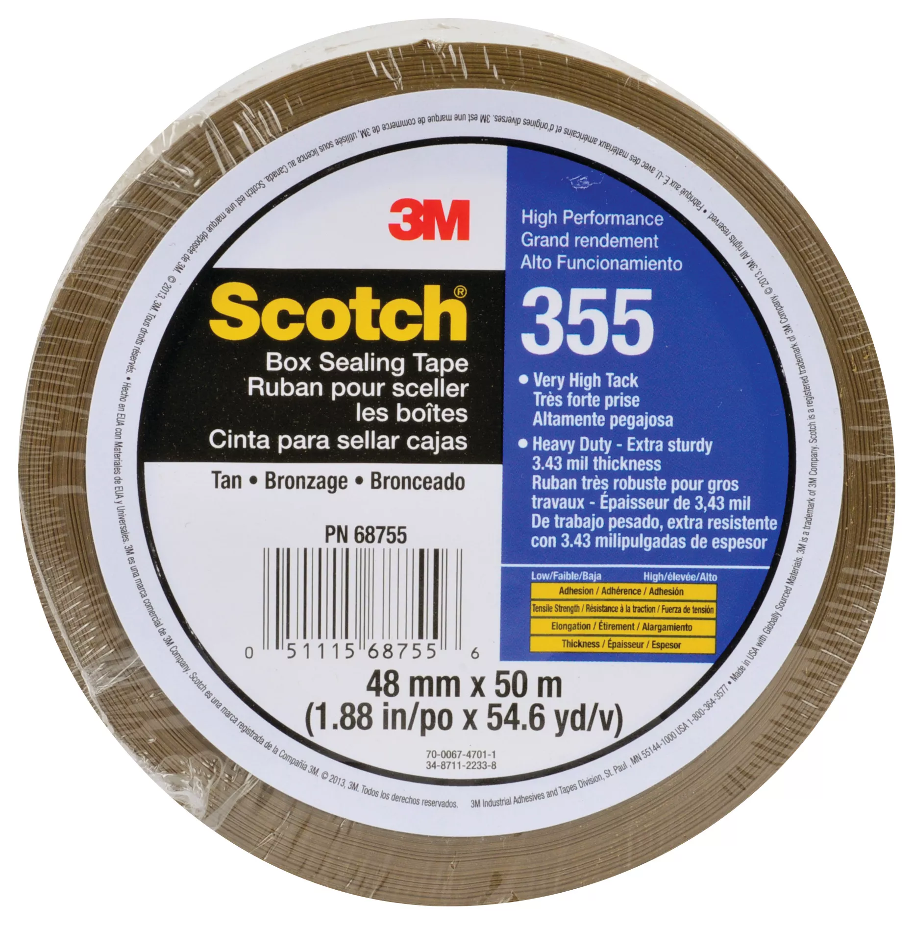 Scotch® Box Sealing Tape 355, Tan, 48 mm x 50 m, 36/Case, Individually
Wrapped Conveniently Packaged