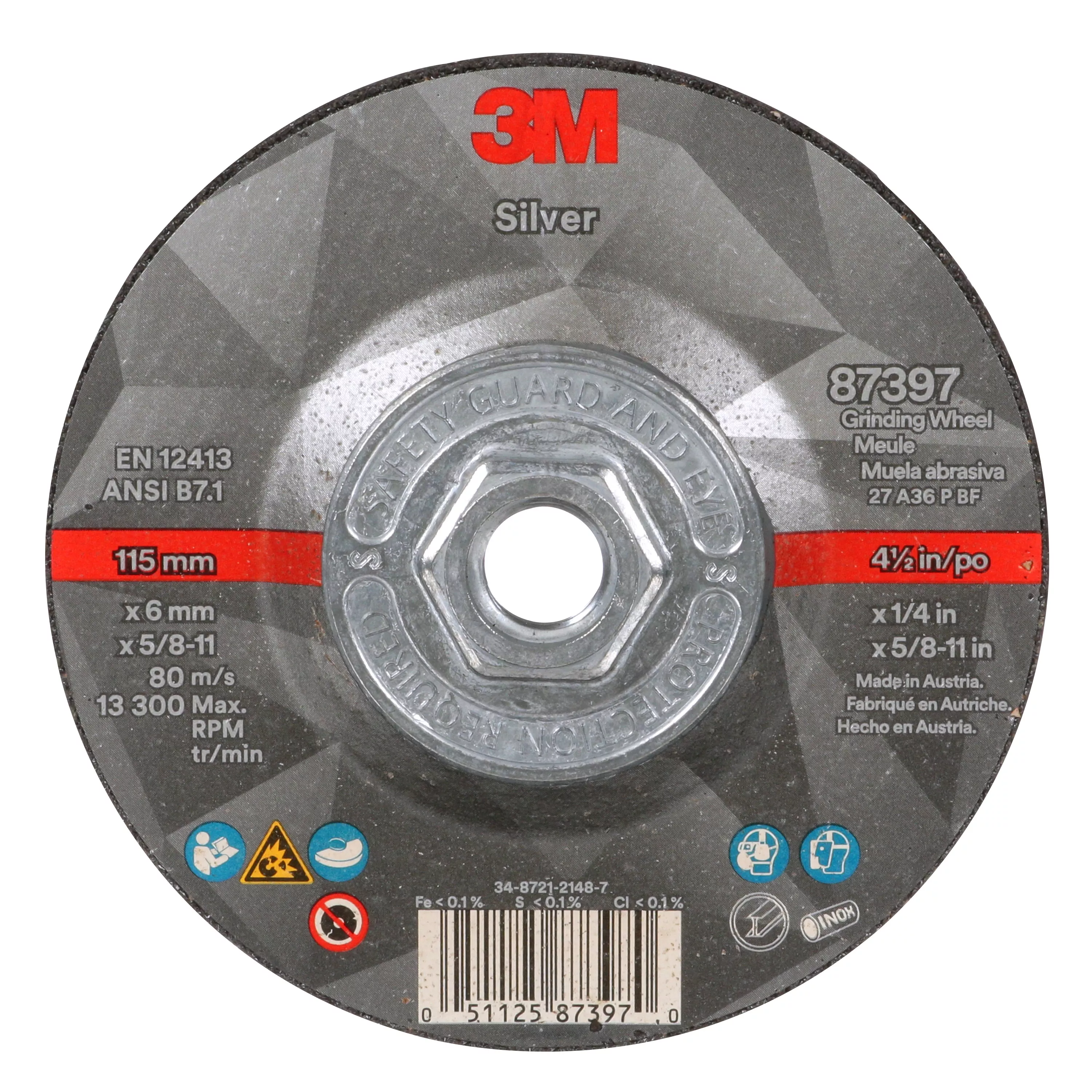 3M™ Silver Depressed Center Grinding Wheel, 87397, T27 Quick Change, 4.5
in x 1/4 in x 5/8 in-11 in, 10/Carton, 20 ea/Case