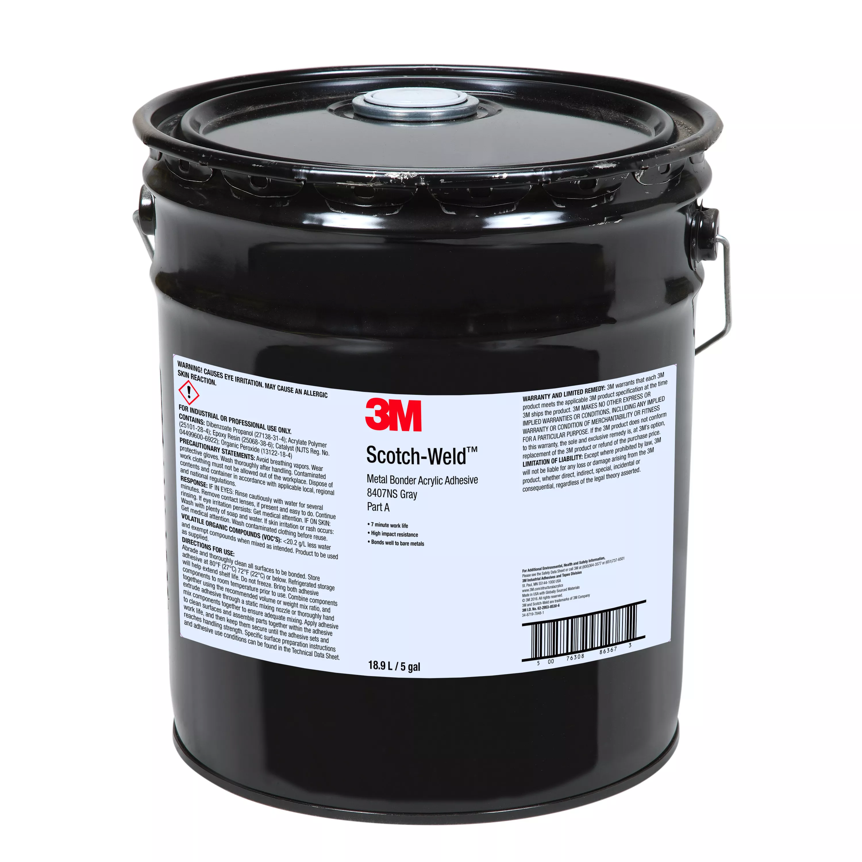3M™ Scotch-Weld™ Metal Bonder Acrylic Adhesive 8407NS, Bead Free, Gray, Part A, 5 Gallon (Pail), Drum