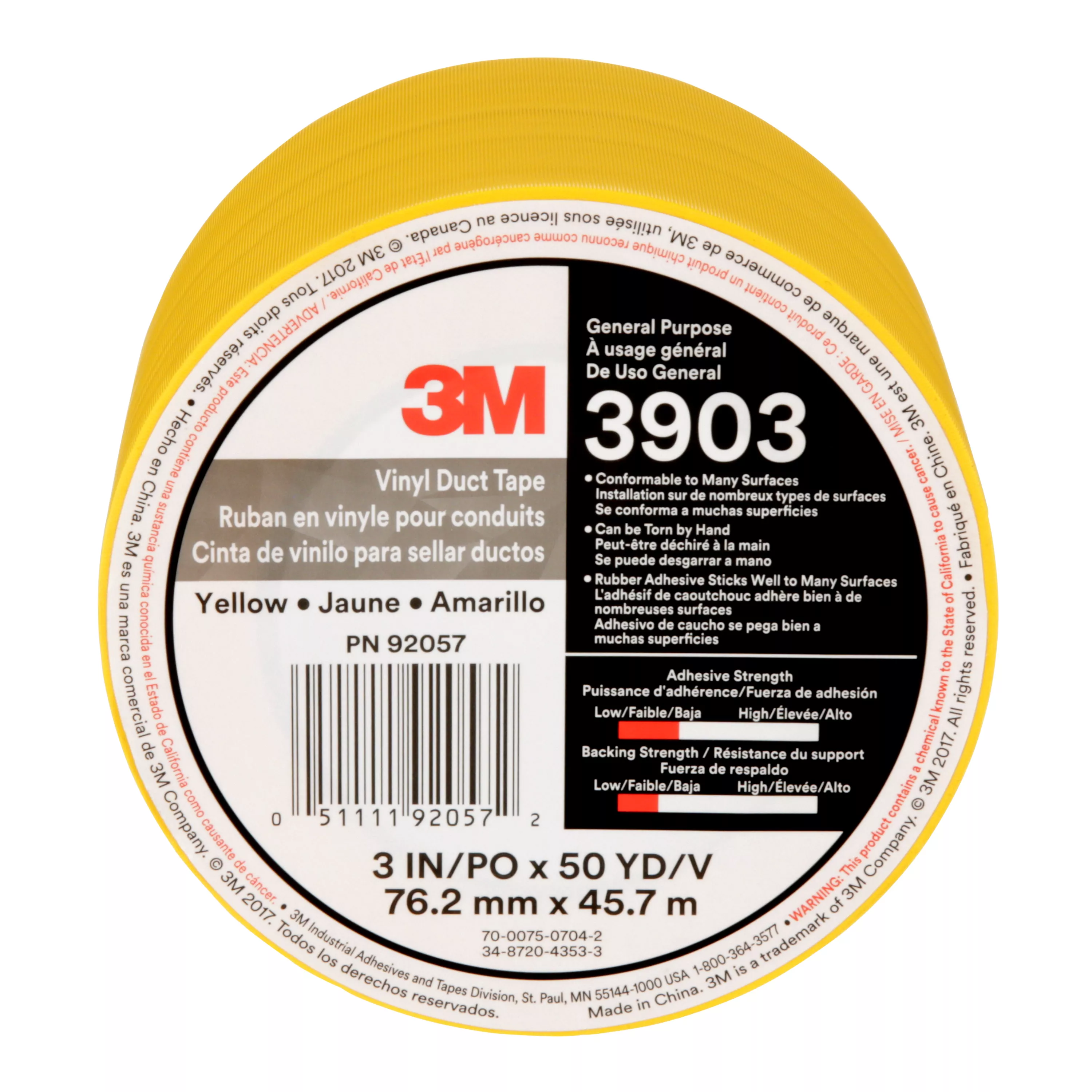 3M™ Vinyl Duct Tape 3903, Yellow, 3 in x 50 yd, 6.5 mil, 18/Case,
Individually Wrapped Conveniently Packaged