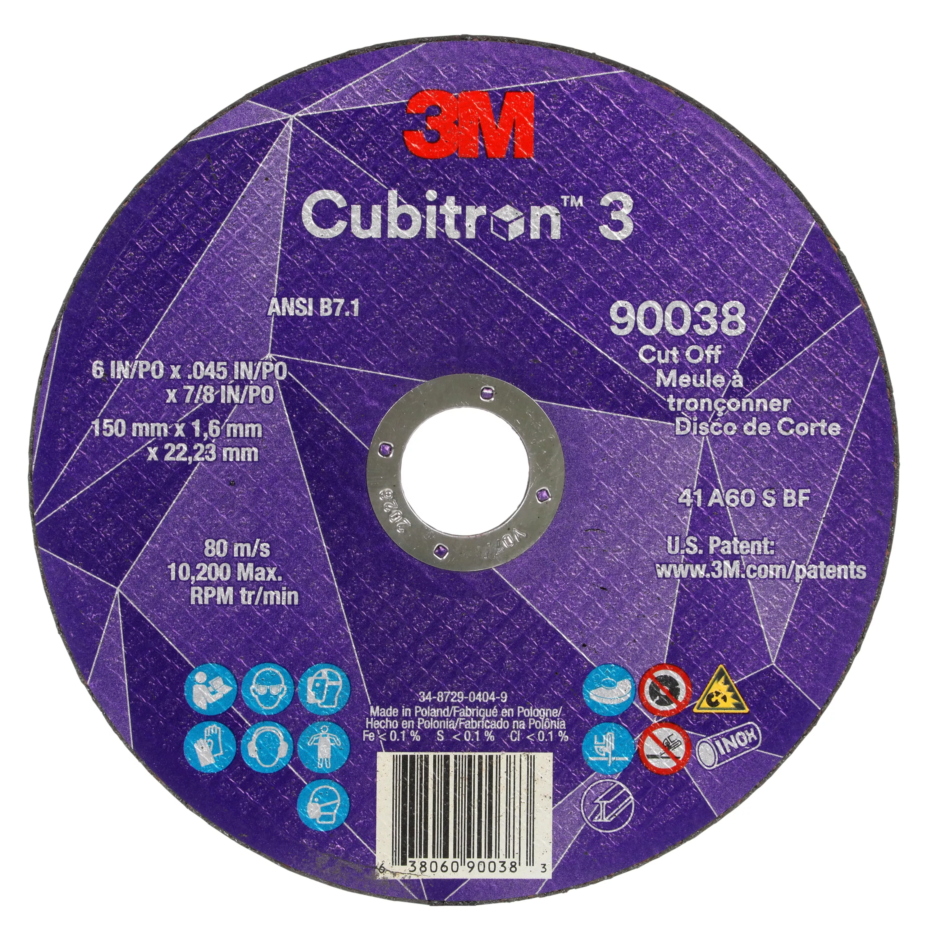 3M™ Cubitron™ 3 Cut-Off Wheel, 90038, 60+, T1, 6 in x 0.045 in x 7/8 in
(150 x 1.6 x 22.23 mm), ANSI, 25/Pack, 50 ea/Case