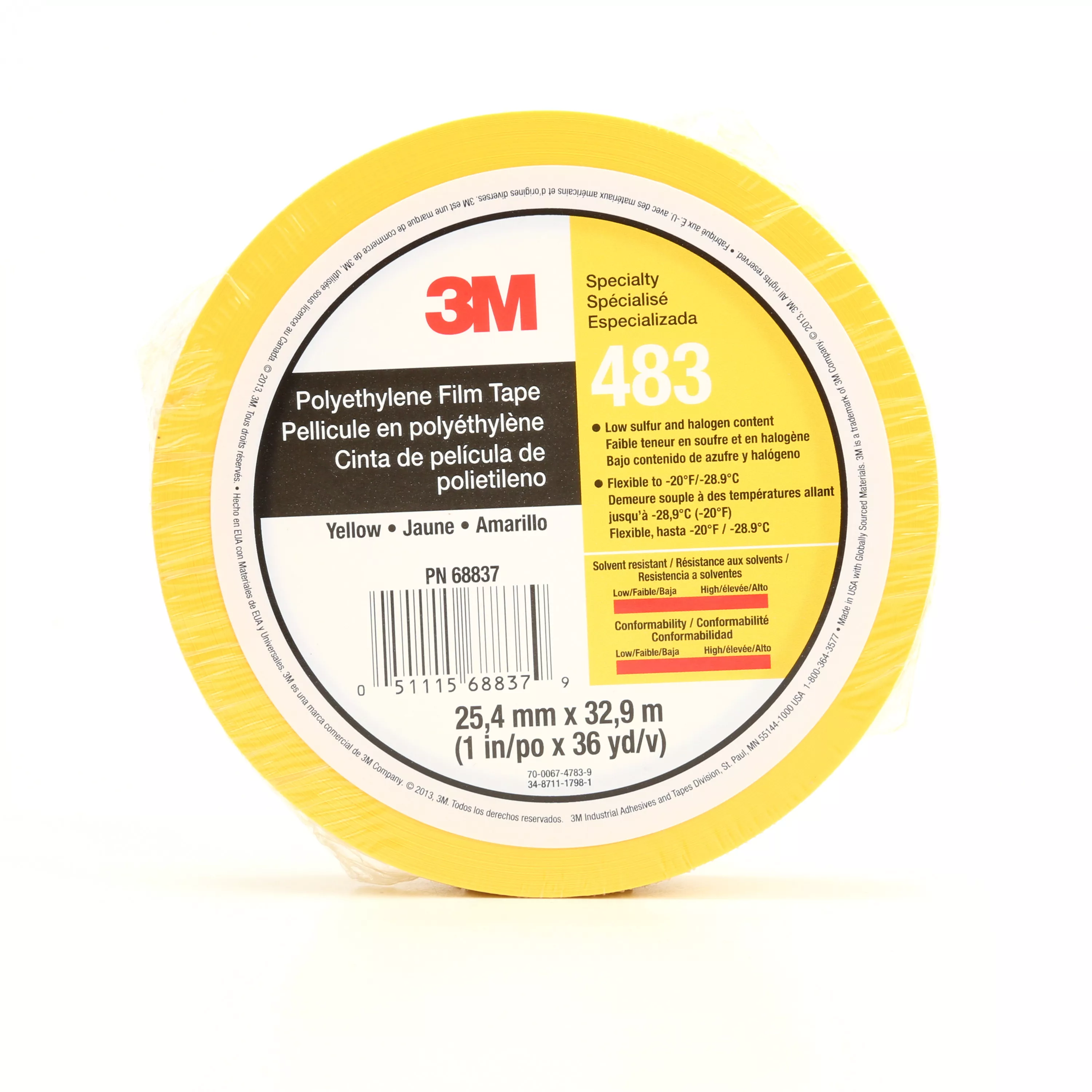 3M™ Polyethylene Tape 483, Yellow, 1 in x 36 yd, 5.0 mil, 36 Roll/Case,
Individually Wrapped Conveniently Packaged