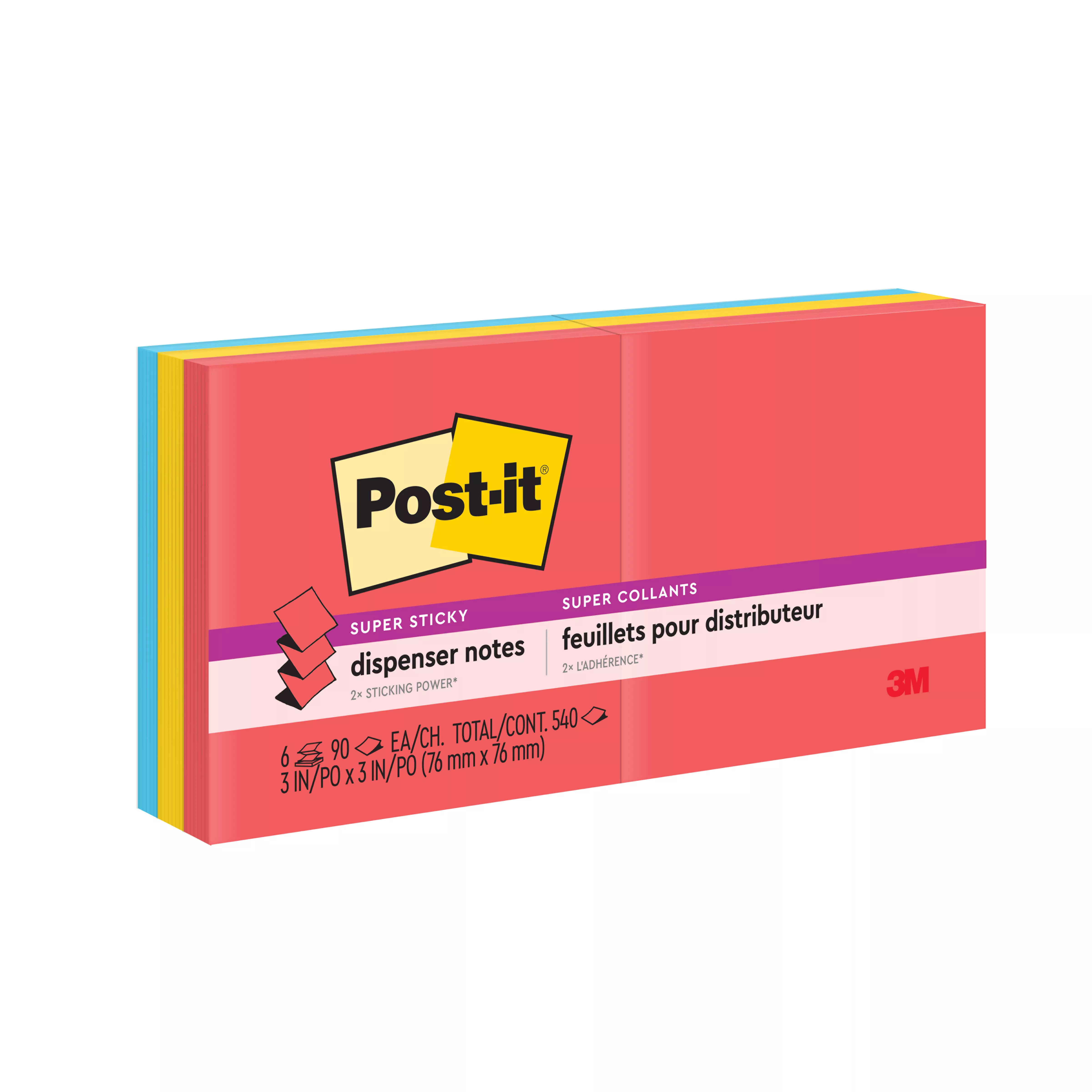 Post-it® Super Sticky Dispenser Pop-up Notes R330-6SSAN, Playful Primaries Collection, 3 in. x 3 in., 6 Pads/Pack, 90 Sheets/Pad