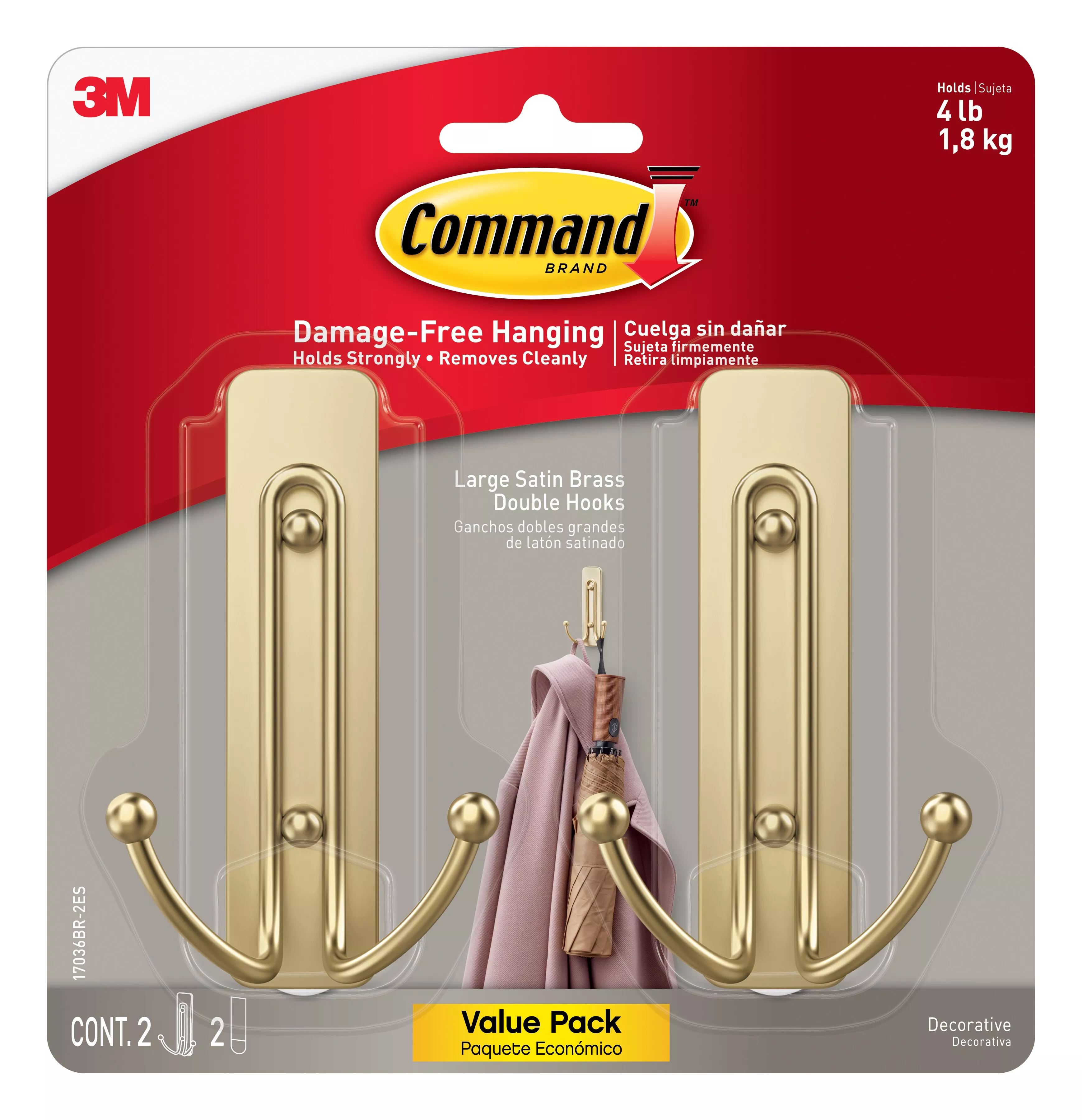 Command™ Large Satin Brass Double Hooks 17036BR-2ES, 2 Hooks, 2 Strips