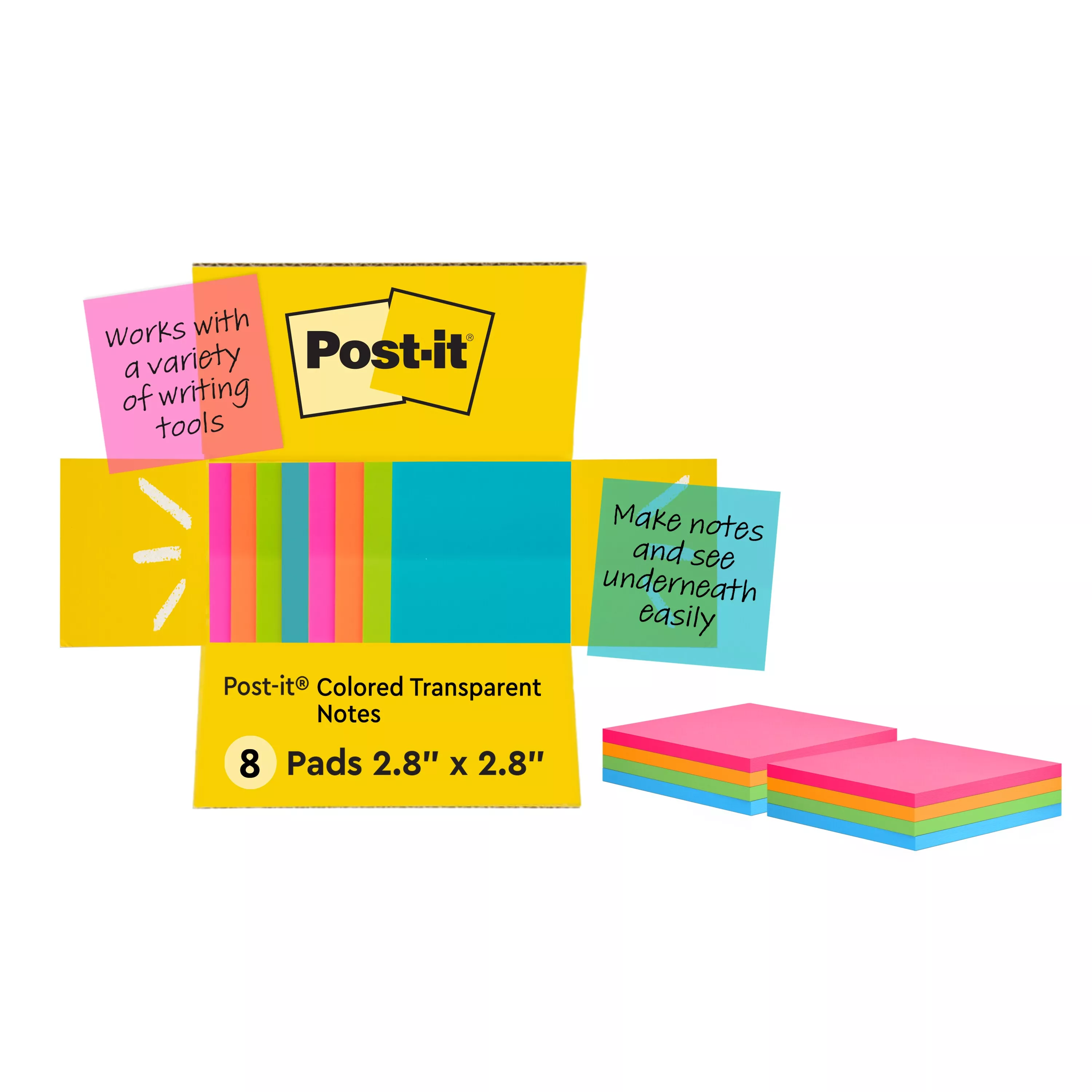 Post-it® Transparent Notes 600-8COL-SIOC, 2-7/8 in x 2-7/8 in (73 mm x 73 mm)